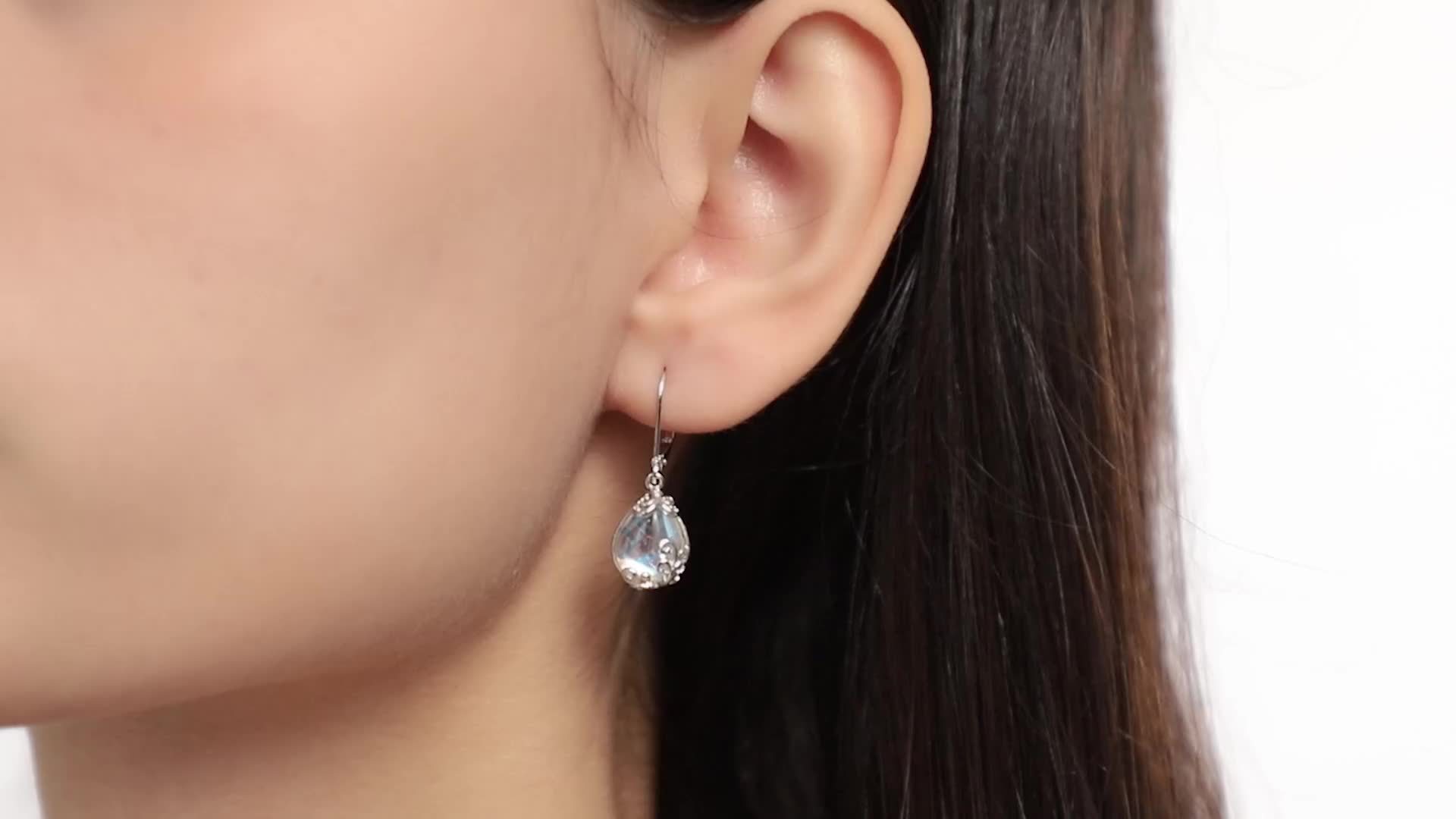 925 Silver Plated Floral Moonstone Dangle Earrings