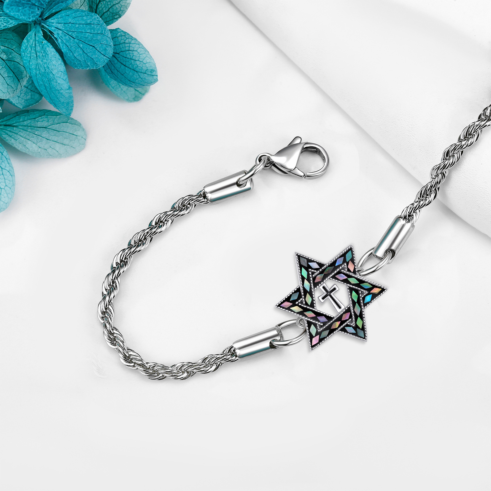 Sterling Silver Star of David Bracelet Cross