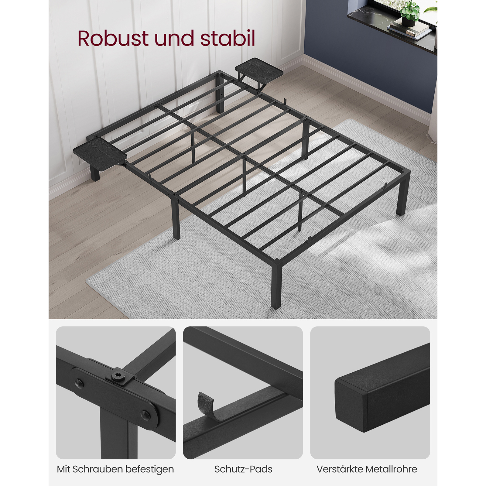 E-shop Doppelbettgestell Metallbettgestell mit Nachttischregalen Gästebettgestell für 140 x 200 cm Matratzen einfache Montage