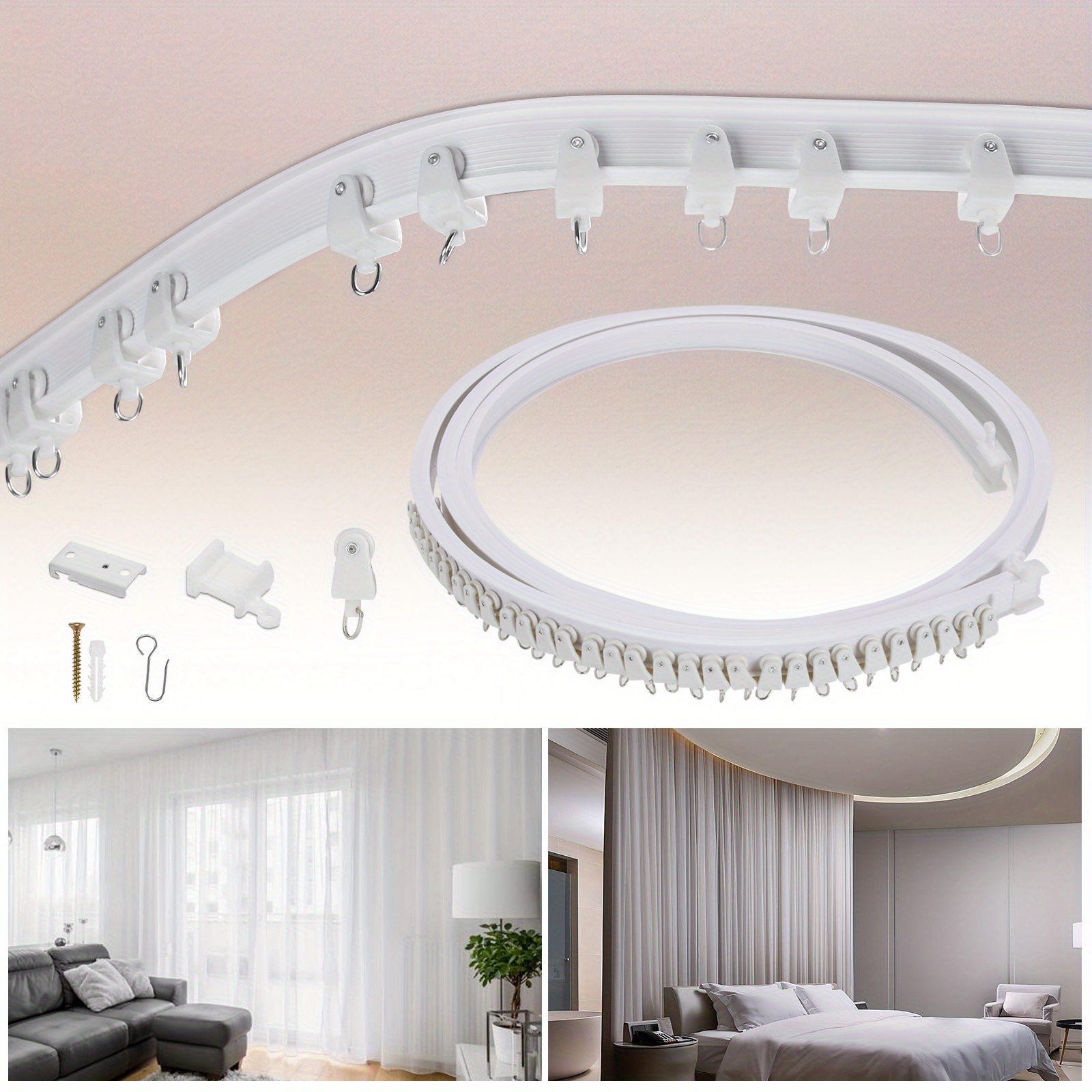 TEMU Flexibler Vorhangstangensystem, Gardinenschiene mit leisen Rollen für Vorhänge, 3 m, Duschvorhangstange, Vorhangstange für Fenstervorhänge,
