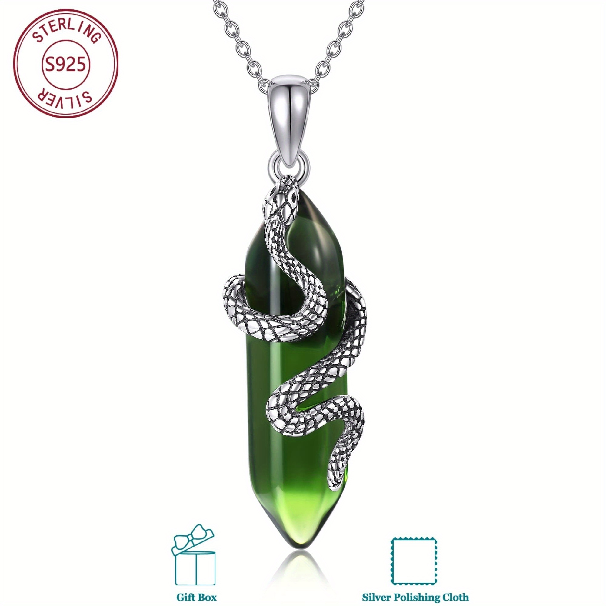Image of 925 Sterling Silvery Snake Necklace With Artificial Green Artificial Crystal, Retro Personality Jewelry, Niche Style Gift , Skin-friendly & Anti-allergic, Suitable For Daily Wearing