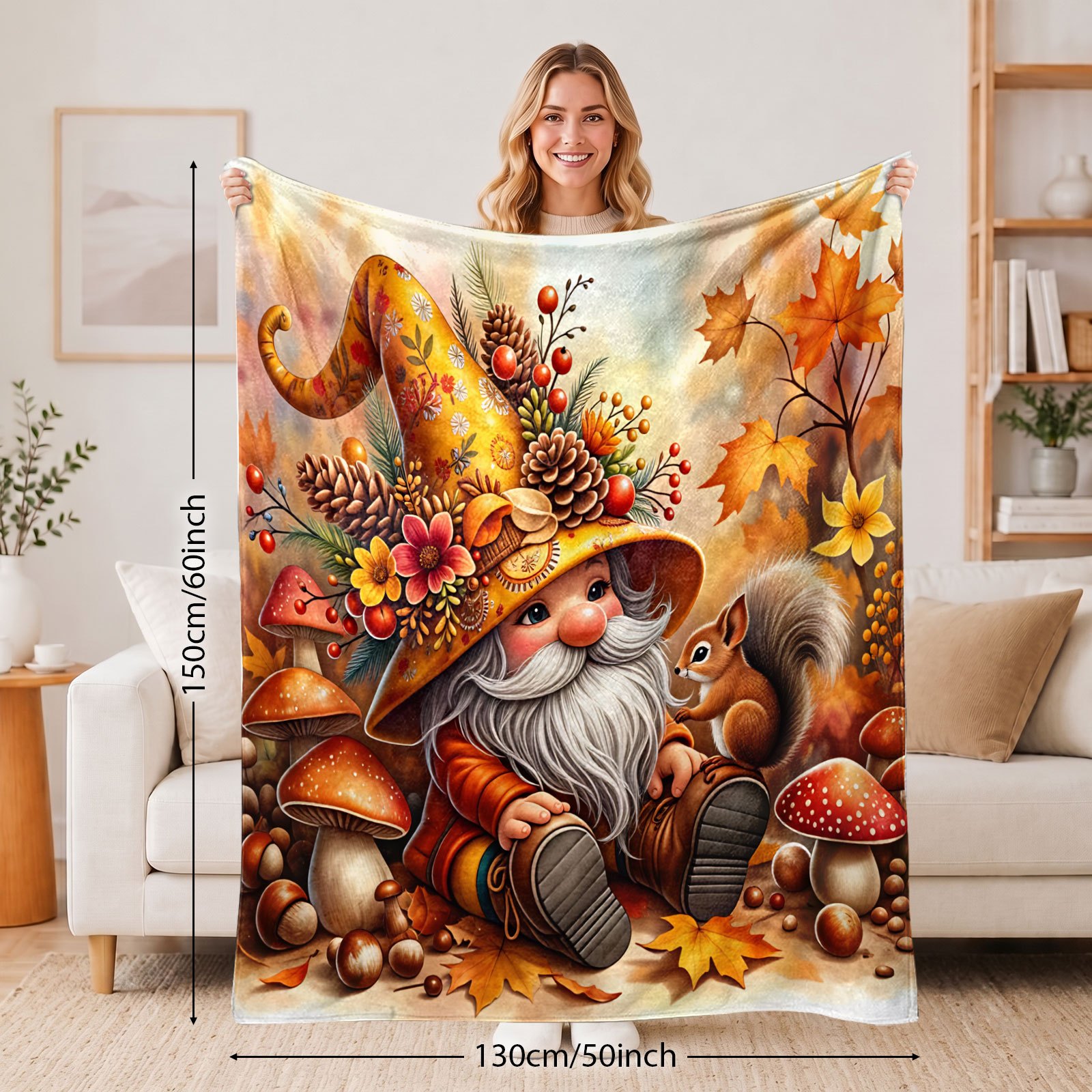 TEMU 1 stuk 2D platte bedrukking Herfst Paddenstoel Eekhoorn Esdoornblad Vintage Kunstpatroon Gedrukt Flanellen Dekentje - Zachte Polyestervezel,
