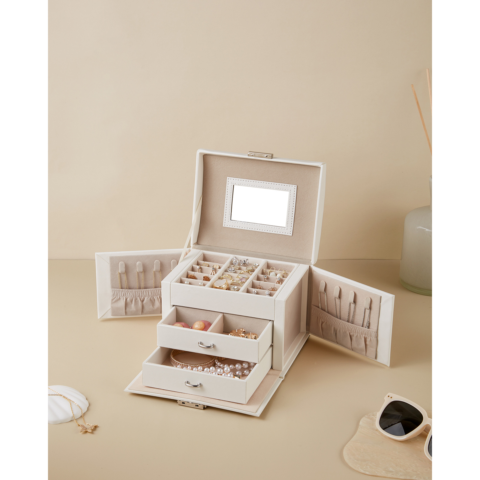 E-shop 3-Etagen-Schmuckkästchen/Schmuckbox mit Spiegel, verschließbarer Schmuckorganizer mit Griff, 2 Schubladen, Reiseschmuckaufbewahrung, modernes