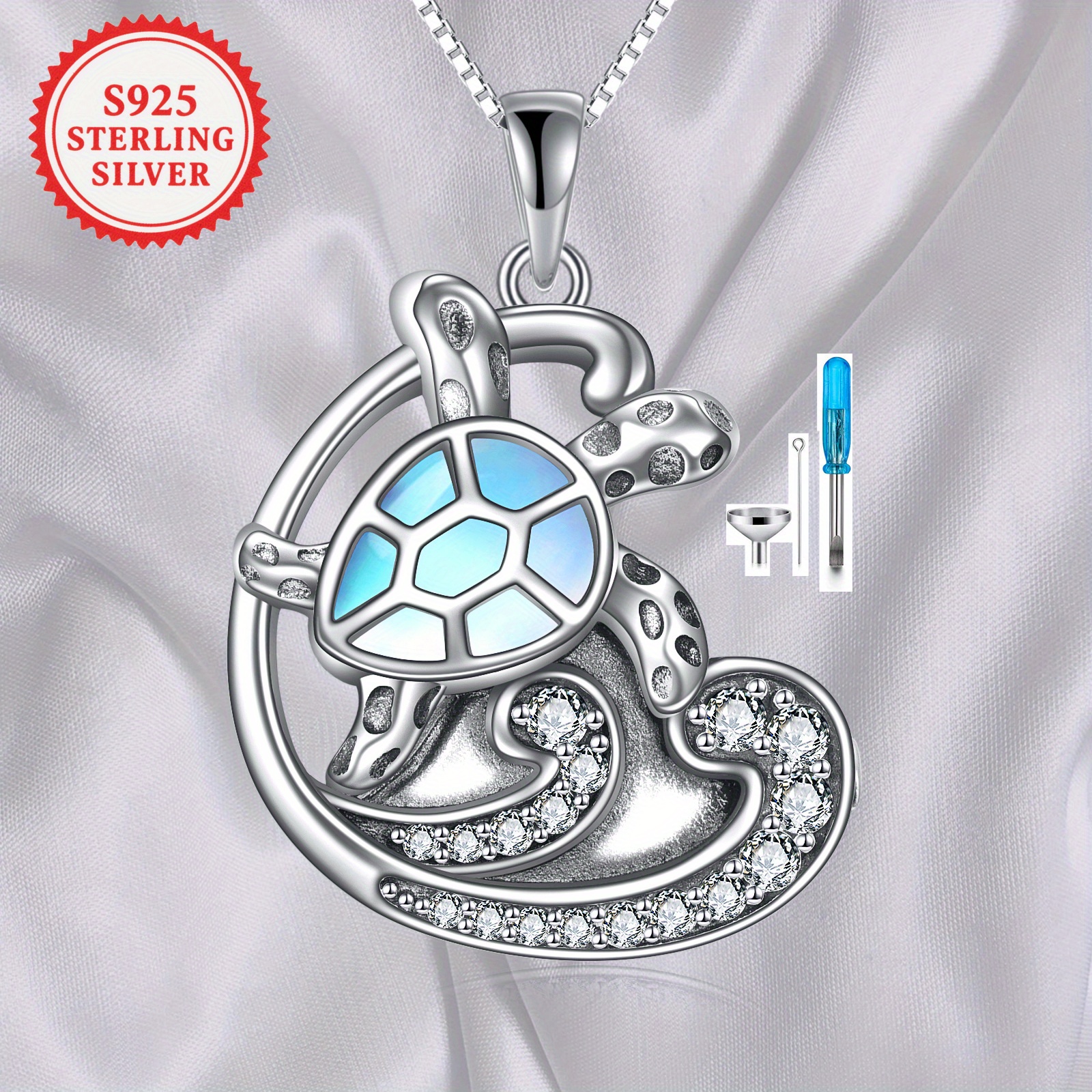Moonstone Sea Turtle Urn Necklace for Ashes, Sterling Silver