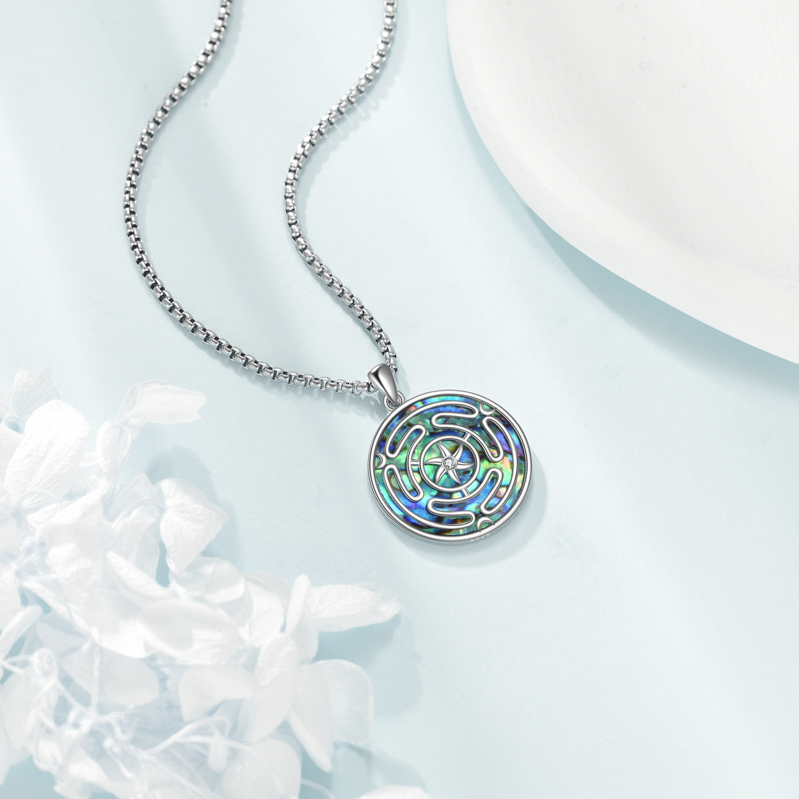 Women's Sterling Silver Hecate Wheel Necklace with Abalone