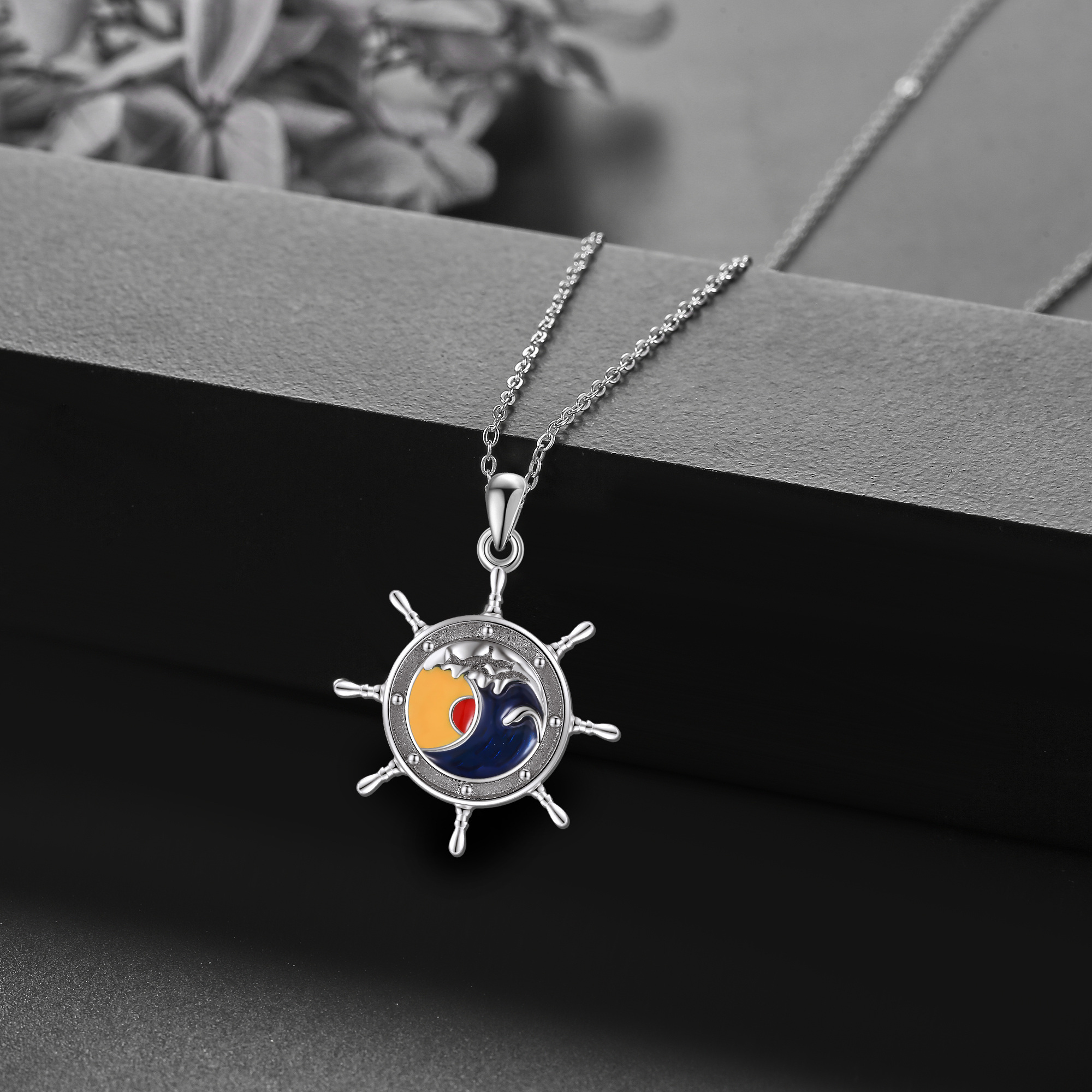 Nautical 925 Sterling Silver Rudder Wave Pendant Necklace