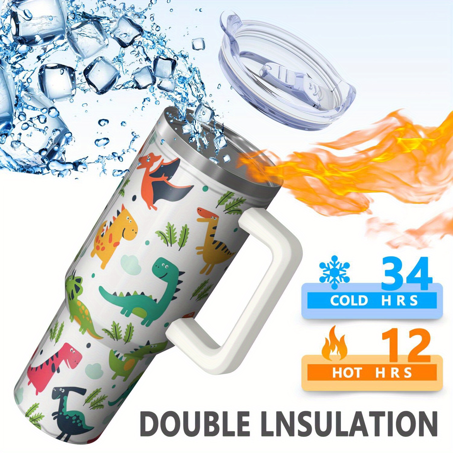 1pc dinosaur tumbler lid straw 20oz stainless steel water - Temu