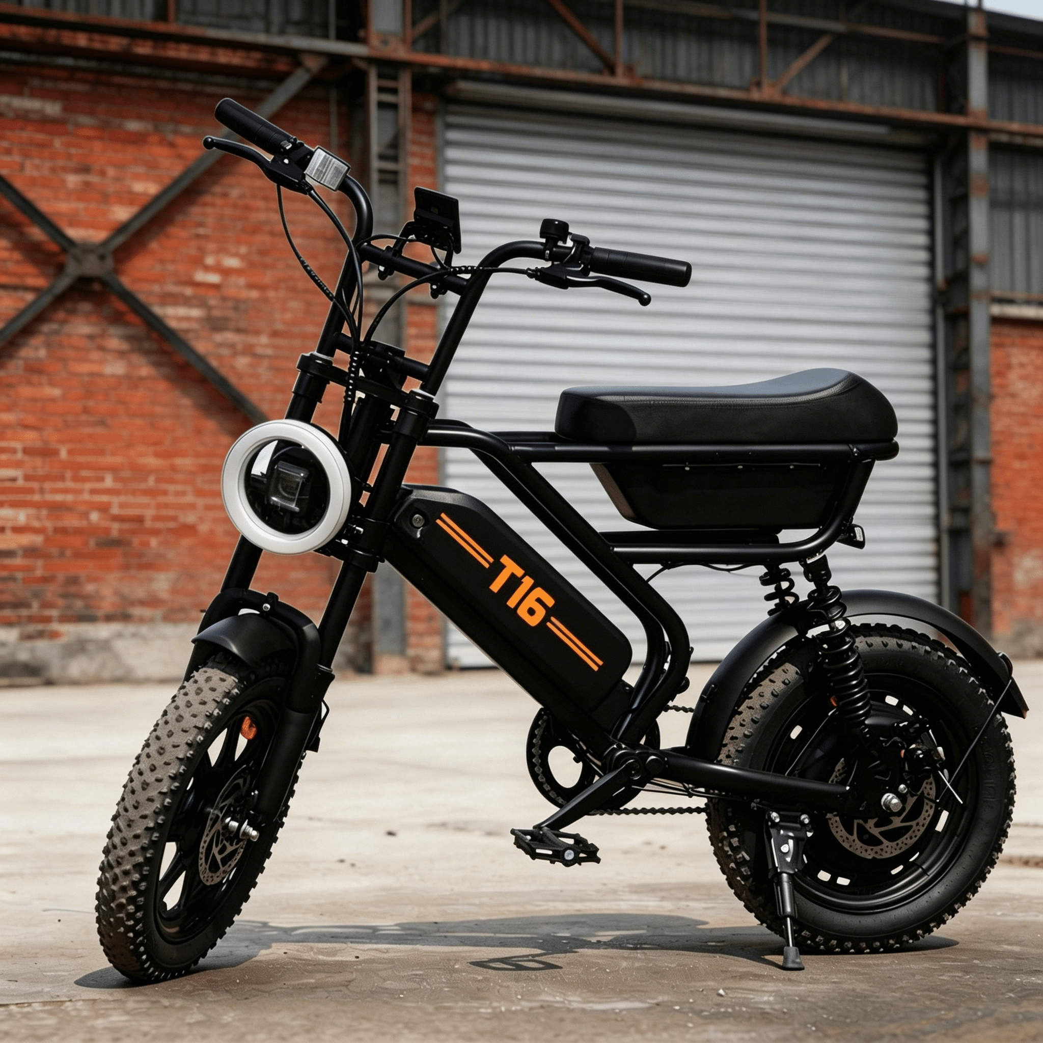 Image of T16 Electric Bike 48v 13ah Battery Range 250w Motor 16x3 0 Tyres Full Suspension Smooth Over Storage Box Holds All Your Essentials Lights Ideal For Trips Camping And Work Commutes