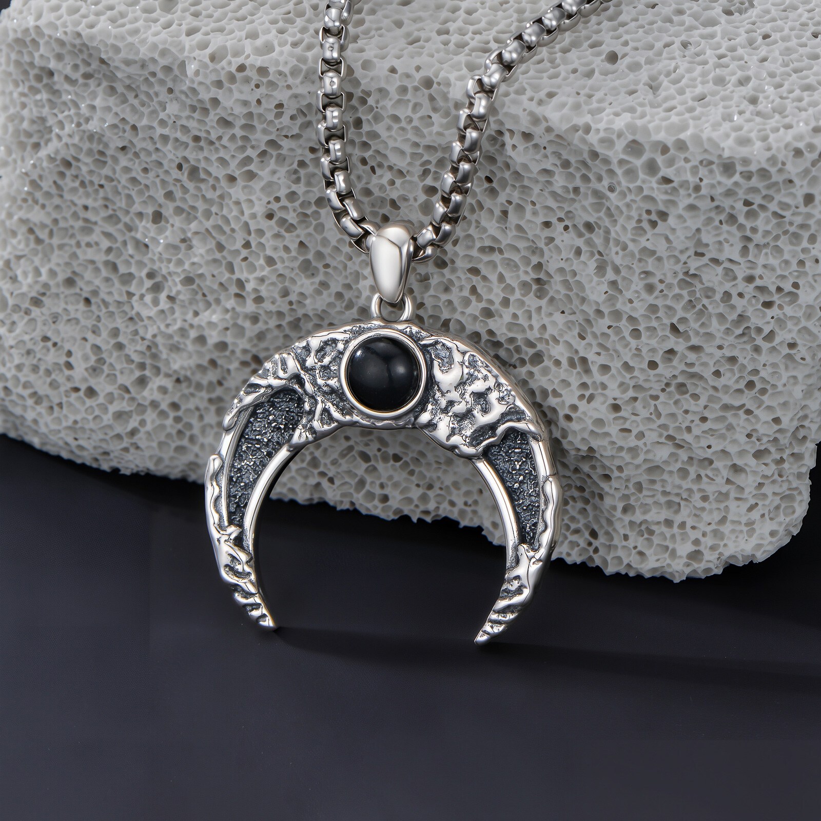 moon necklace men 925 sterling silvery synthetic obsidian   pendant necklace jewelry for dad and son 0