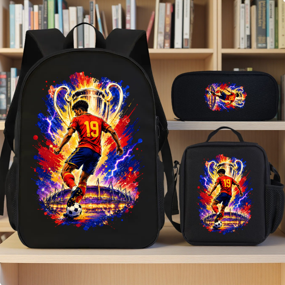 Image of 3pcs 2d Flat Printing Football Player Trophy Stadium Three-piece Schoolbag Set 3pcs Schoolbag Set Fun Graphic Design Multicolor Casual Party Travel Birthday Great Gift For