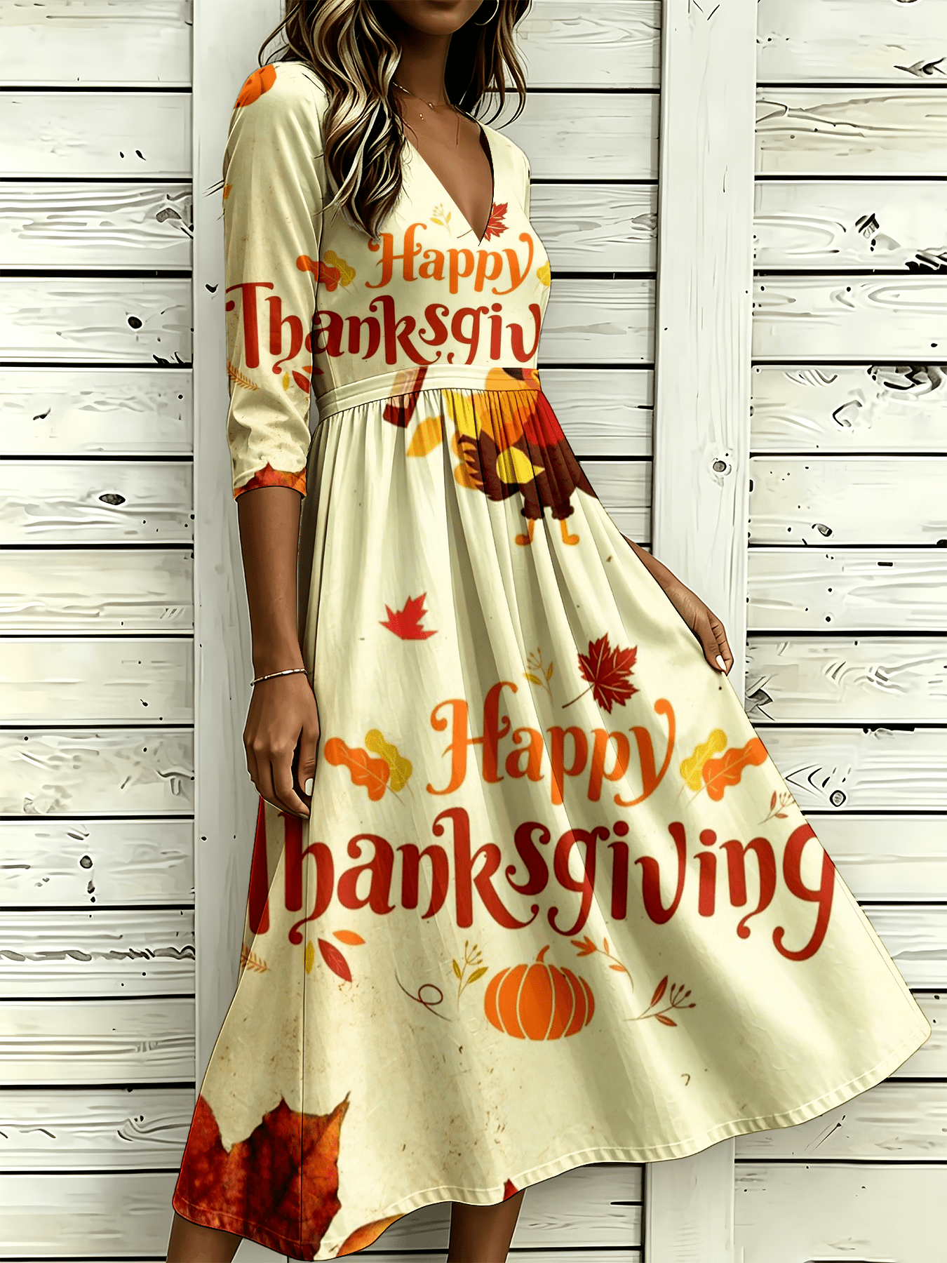 thanksgiving full printed womens womens v neck three quarter sleeve   long   thanksgiving turkey pumpkin leaves suitable for casual and athletic settings