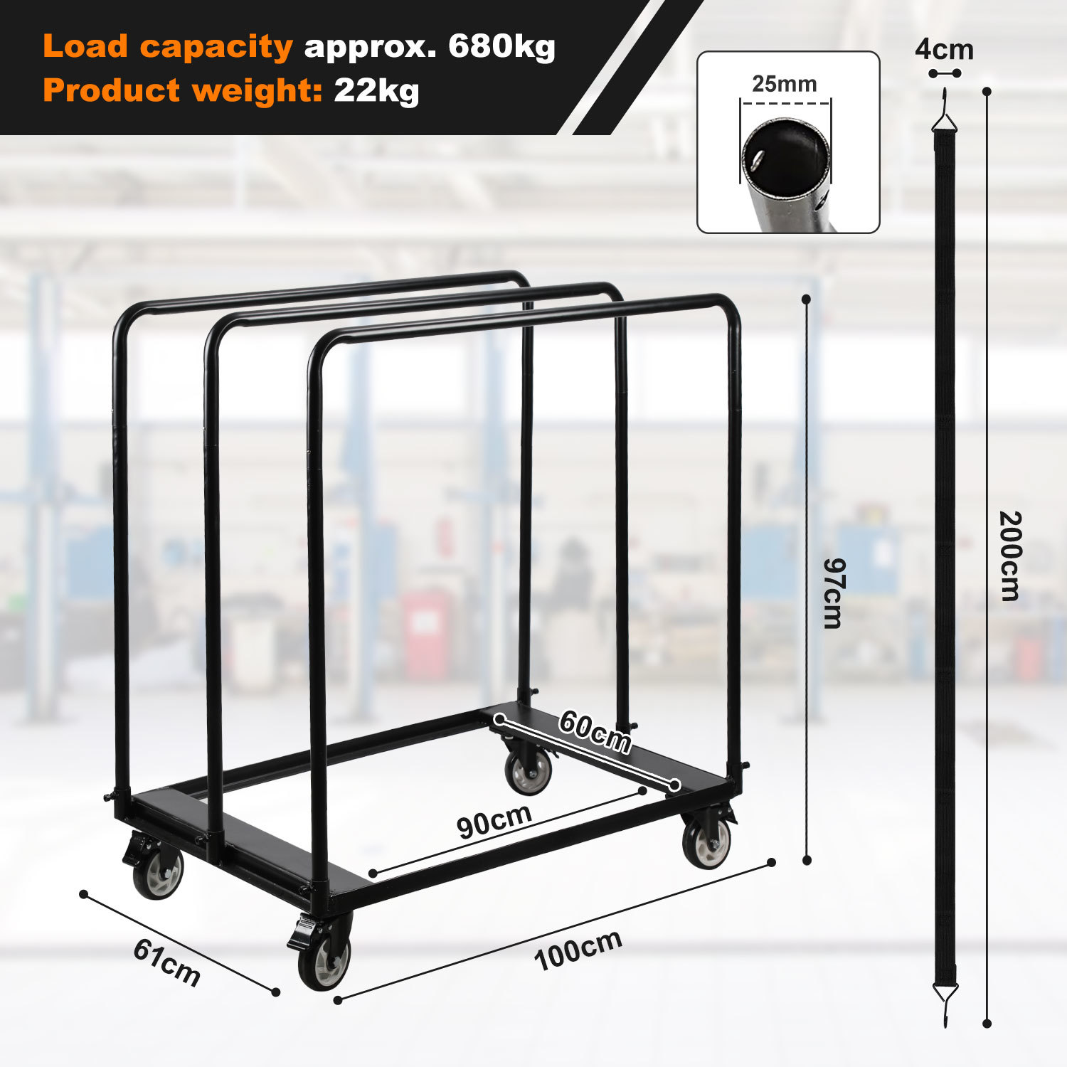 Image of Panel Trolley Cart With Tie- Strap System & Swivel Brakes - 680kg Load Capacity Suitable For Drywall, Wood Panels, Glass Transport, Site Cart, Wheel Base For / Use