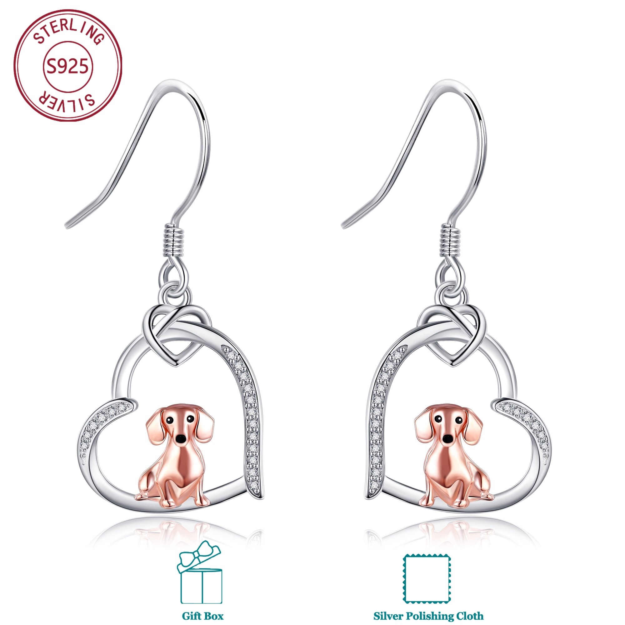 Image of 925 Sterling Silvery Synthetic Zirconia Dachshund Earringsfor Casual Attire By Men And Women; Birthday Presents; Christmas Gifts; Meaningful Gifts; For