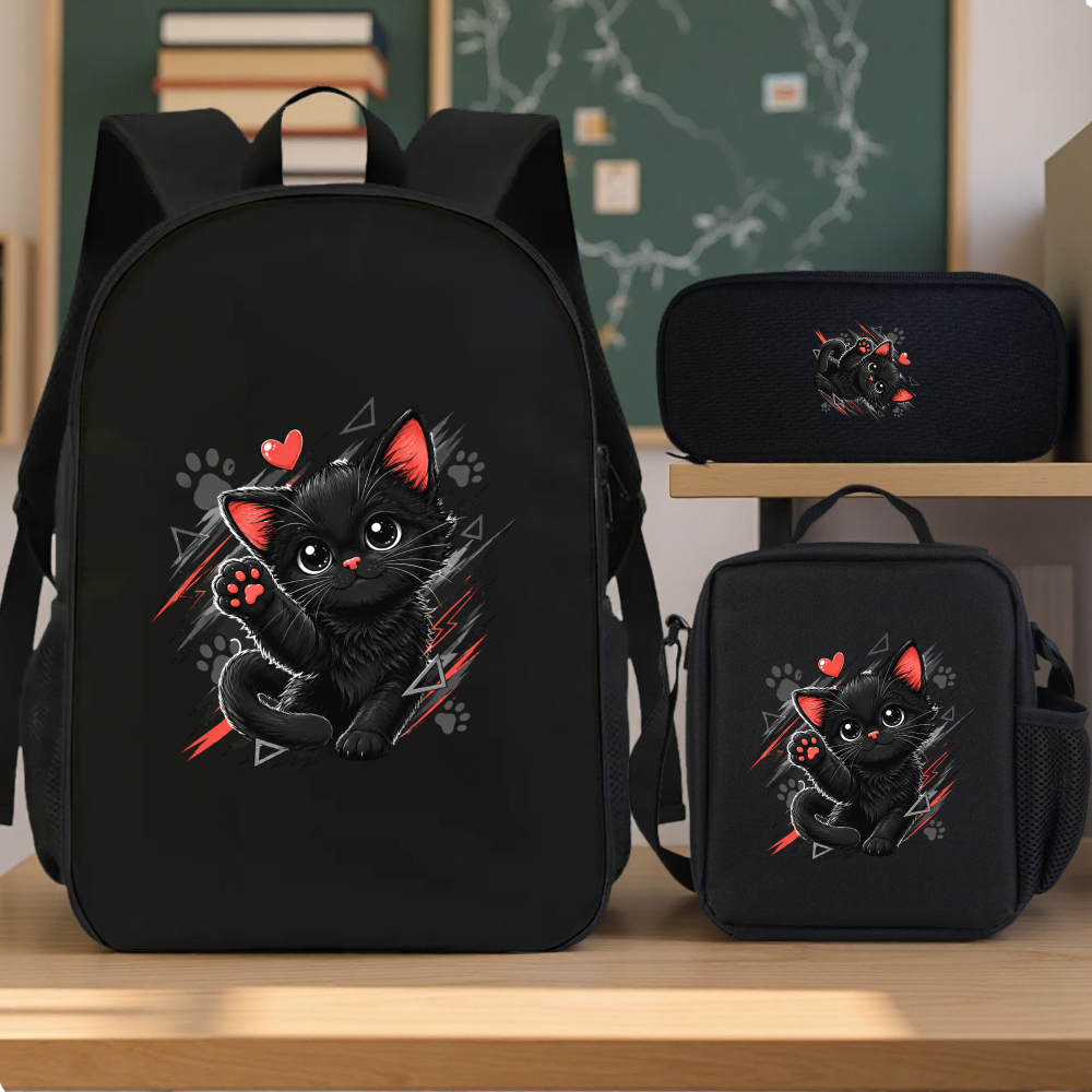 3pcs 2d Flat Printing Black Kitten 3pcs Schoolbag Set 3pcs School Backpack Cute Cat Paw Heart Design Multicolor Casual Party Travel Birthday Ideal Gift For , 2d Flat, For Teenager