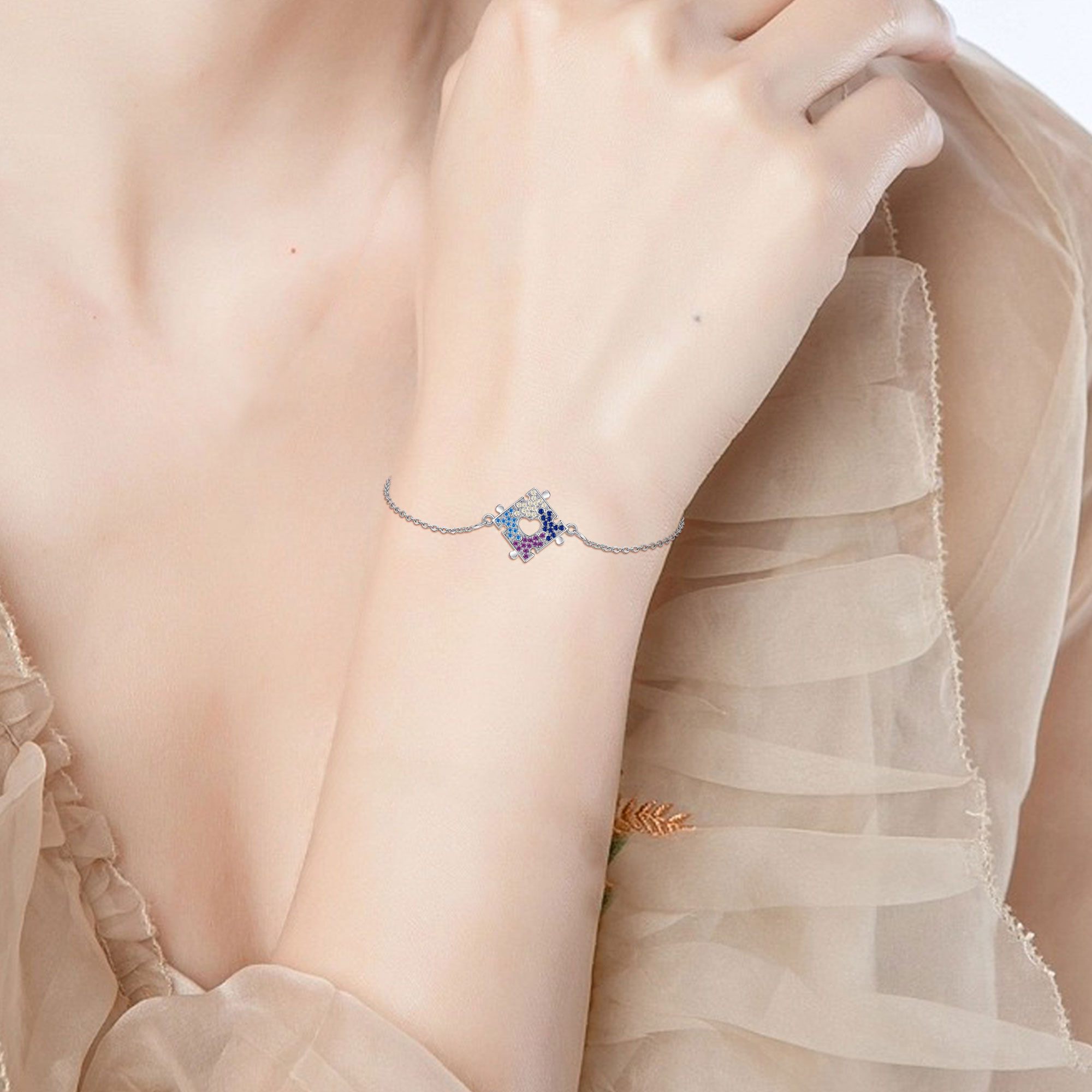 Women's Sterling Silver Autism Awareness Puzzle Piece Bracelet