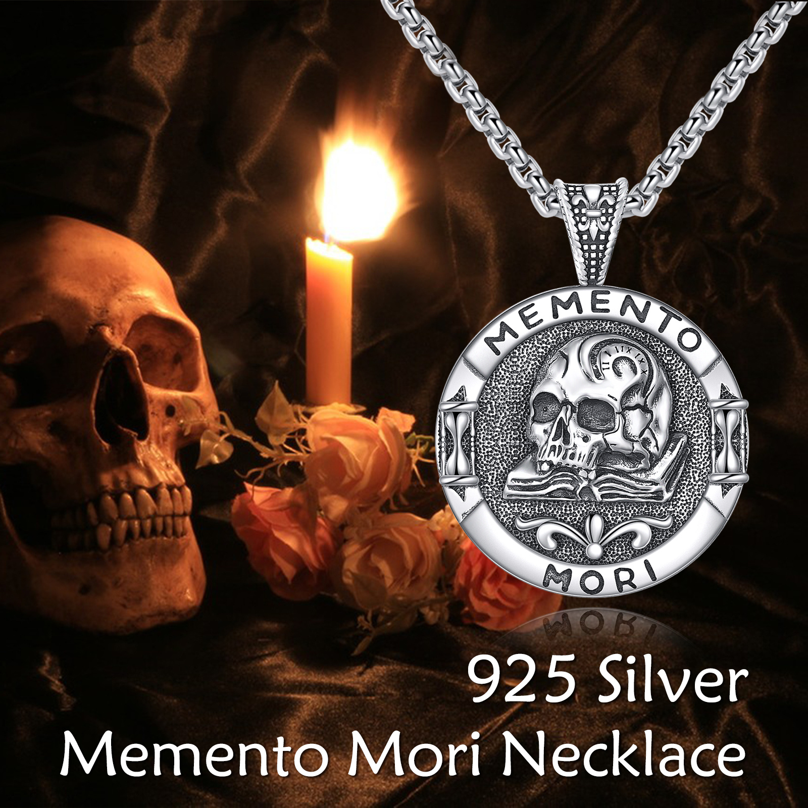 925 Sterling Silvery Memento Mori Skull Pendant Necklace