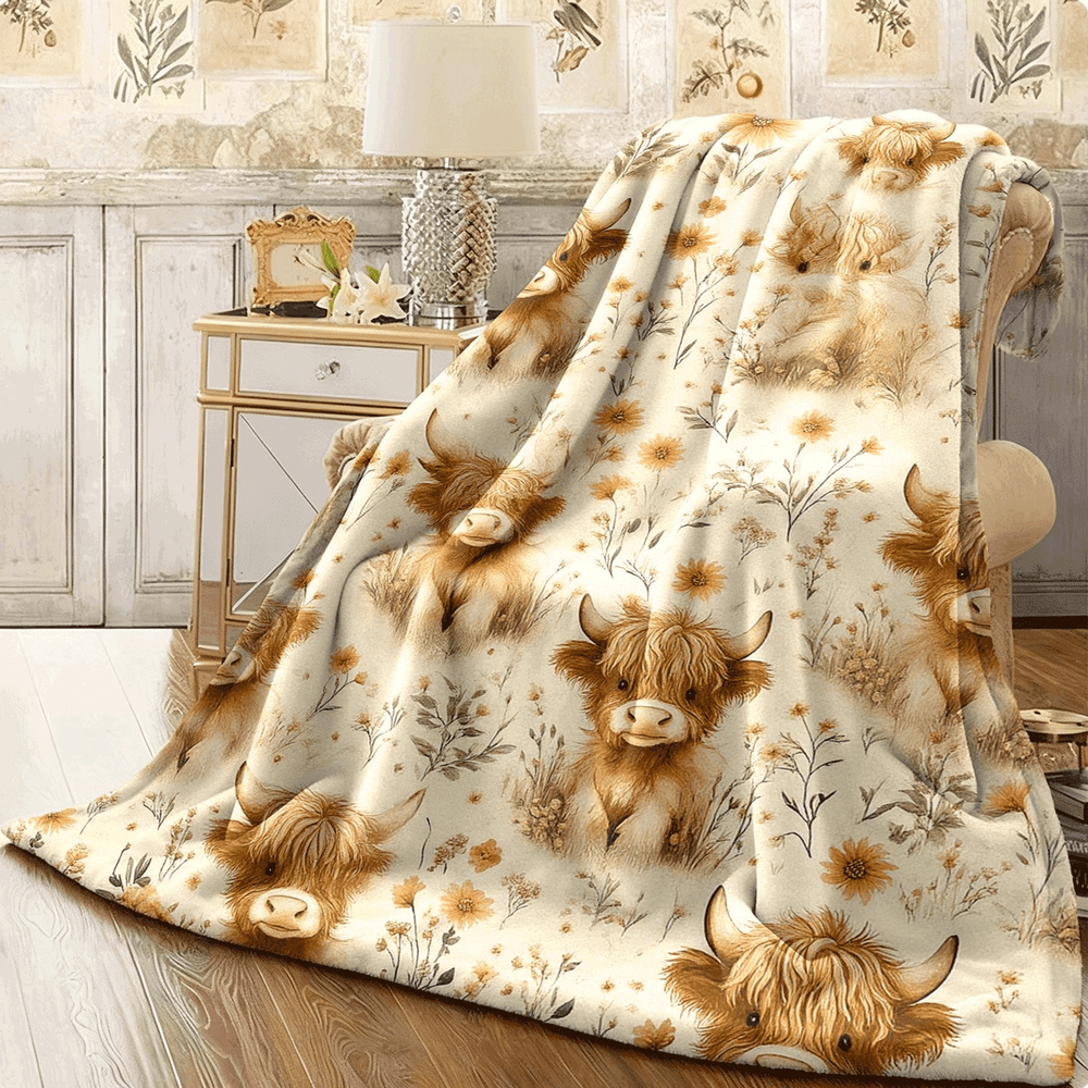 TEMU [sxiuuz] 1pc, Vintage Highland Cow And Sunflower Print Soft Fleece Blanket, Single-sided Print, Soft And Comfortable, Use, Perfect For Sofa,,