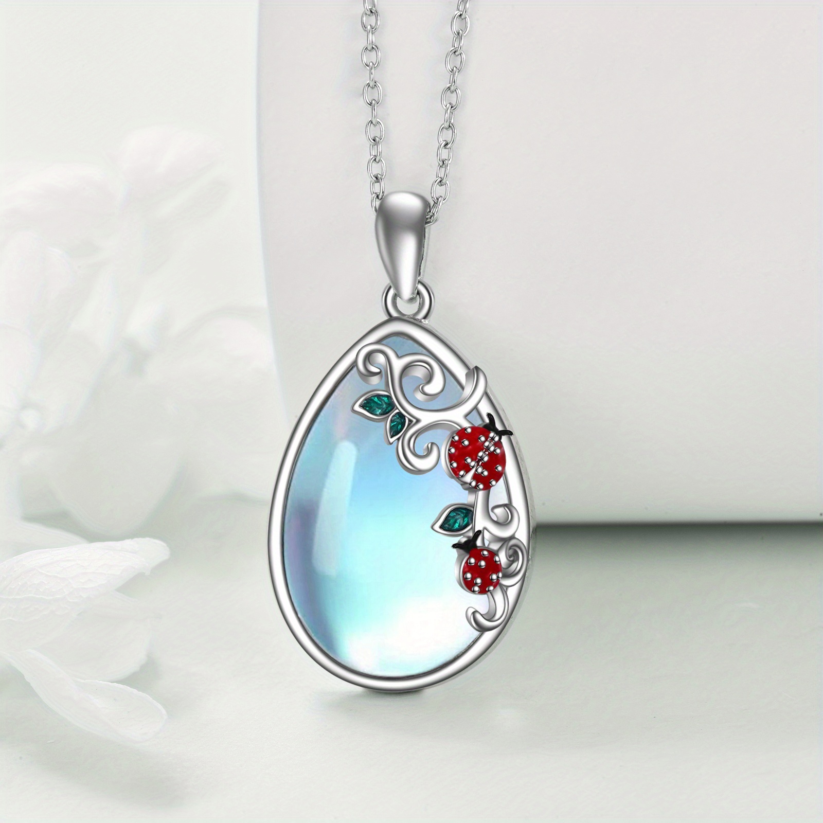 Red Ladybug Moonstone Mother Daughter Necklace Sterling Silver