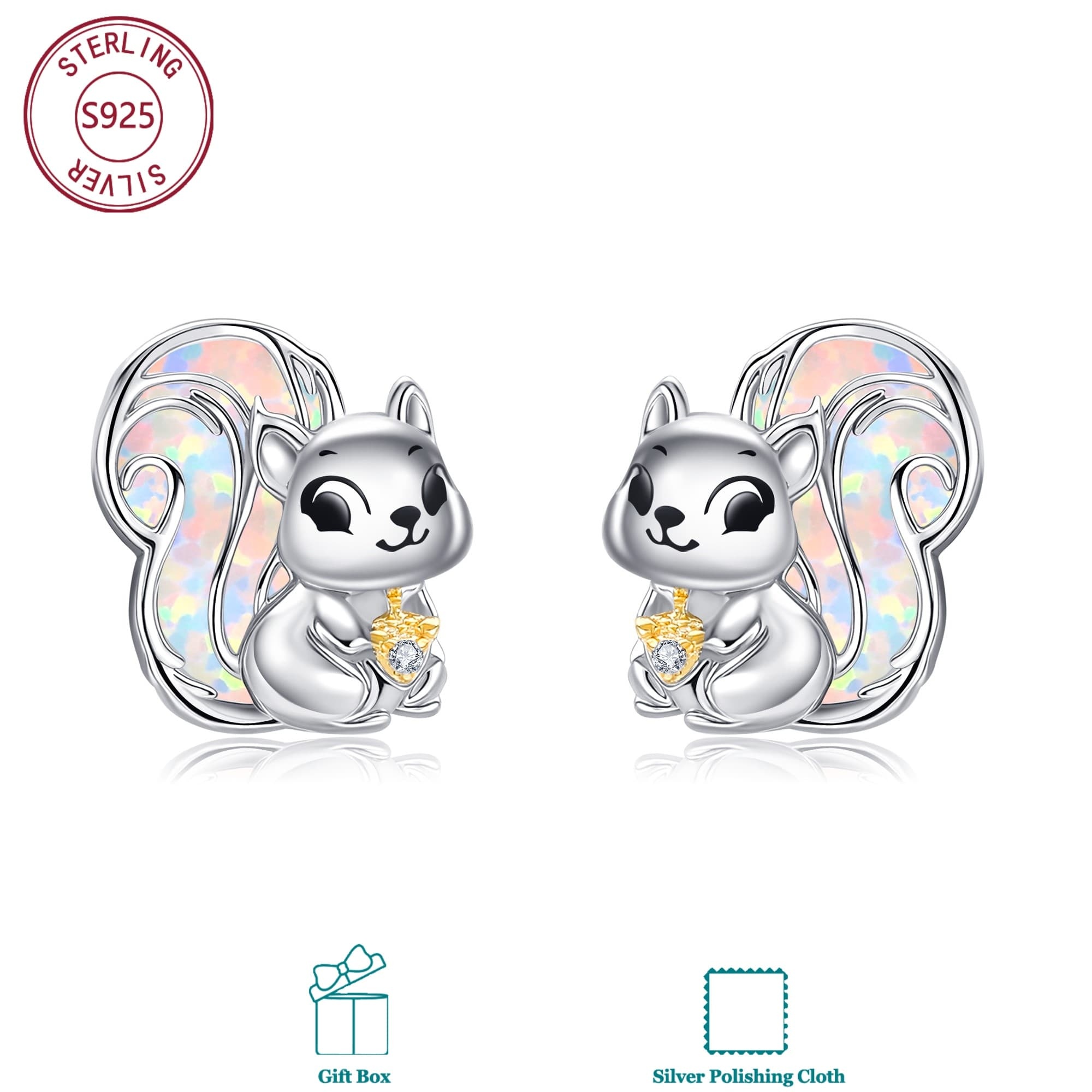 Image of 925 Sterling Silver Synthetic Opal Squirrel Stud Earrings For Everyday Men And Women; Birthday Presents; Christmas Gifts; Meaningful Gifts; Perfect For