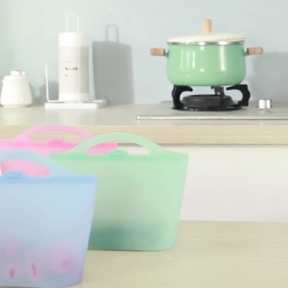 Silicone Reusable Storage Bag With Handle, Leak Proof Freezer Bag