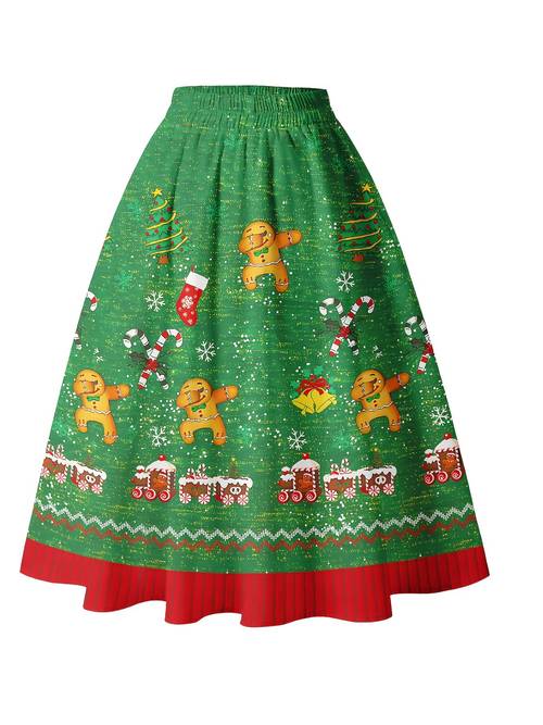 Plus Size - Plus Size Christmas Gingerbread Man Gorgeous Print A-Line Skirt for Women, Minimalist Festive Holiday Skirt