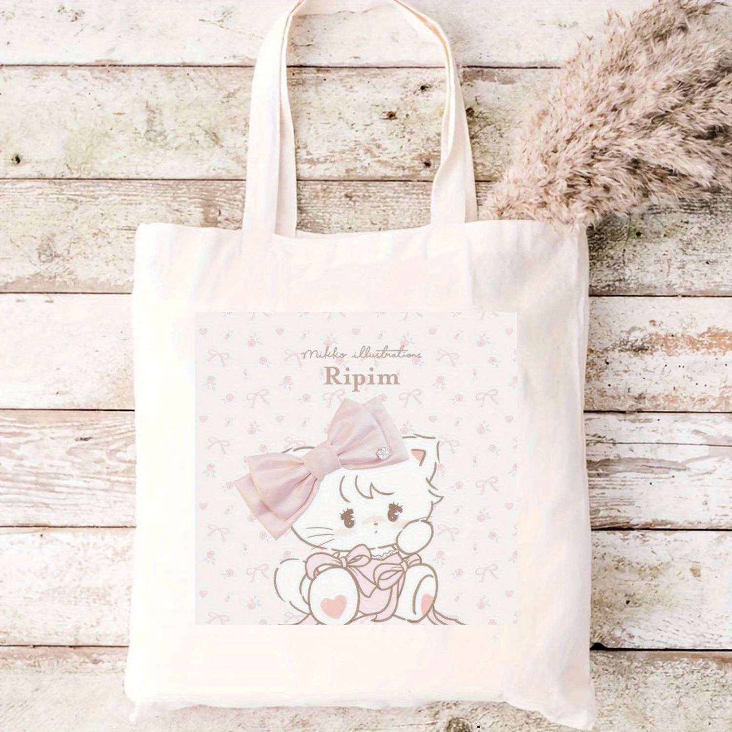 TEMU かわいい猫とハートプリントのトートバッグ - 頑丈なホワイトカジュアルショルダーバッグ、固定ストラップ付き、洗濯機可、ハロウィンギフト＆日常使いに最適