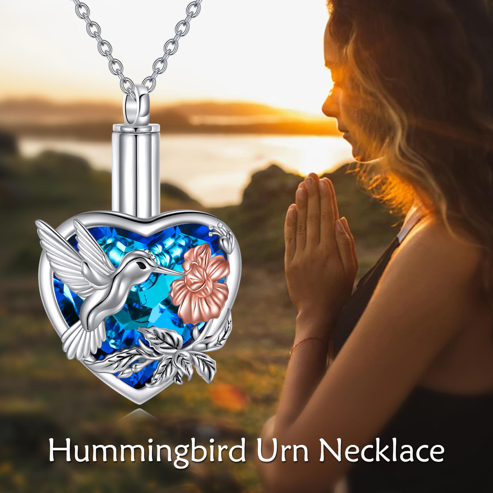 925 Sterling Silver Hummingbird Urn Necklace with Crystal