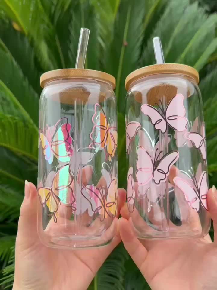 Butterfly 16 oz Glass can cup with bamboo lid and straw – MoeLunar  Creativity