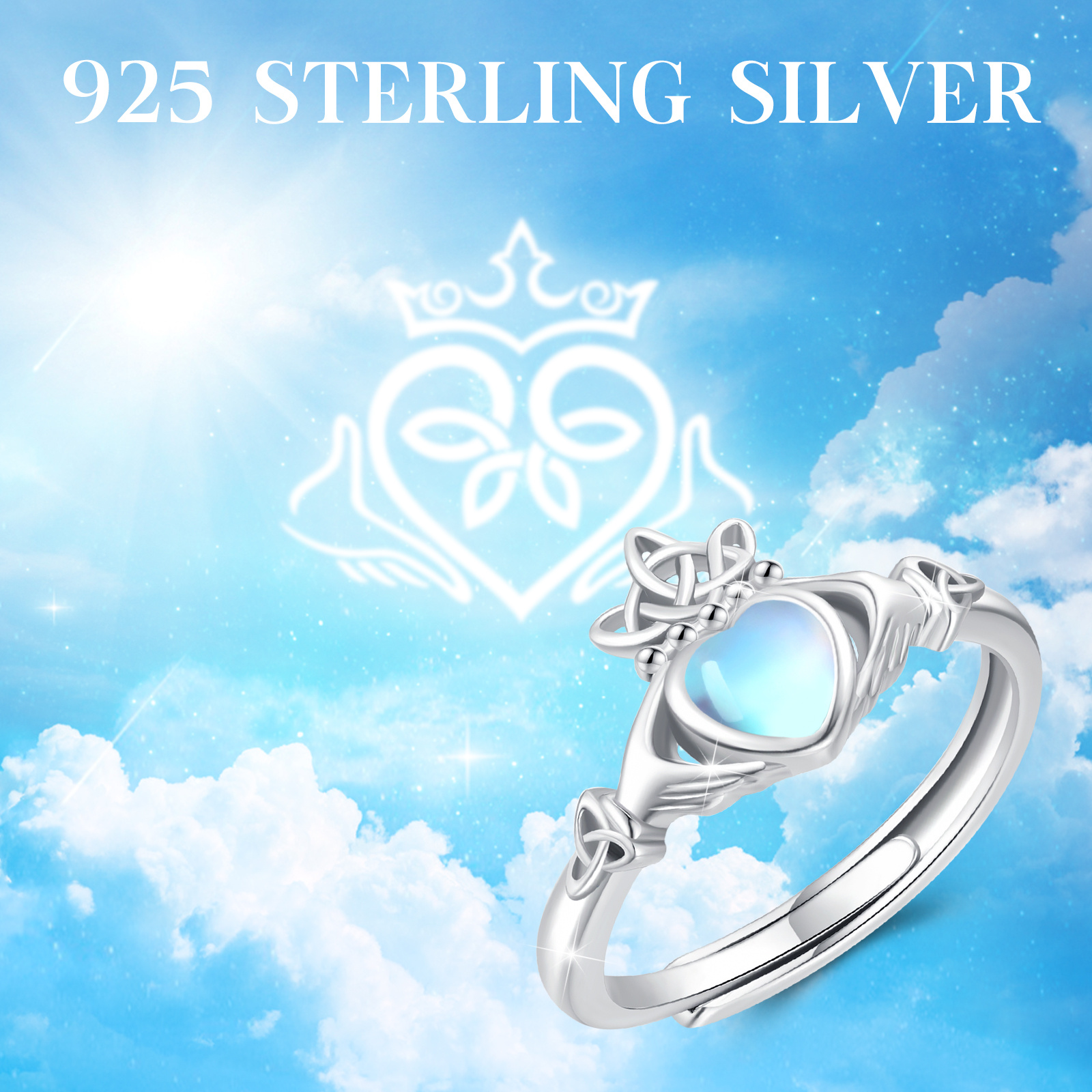 Image of Ring For Women 925 Sterling Silvery Irish Ring Heart Rings Adjustable Open Rings Gift Jewelry For Women