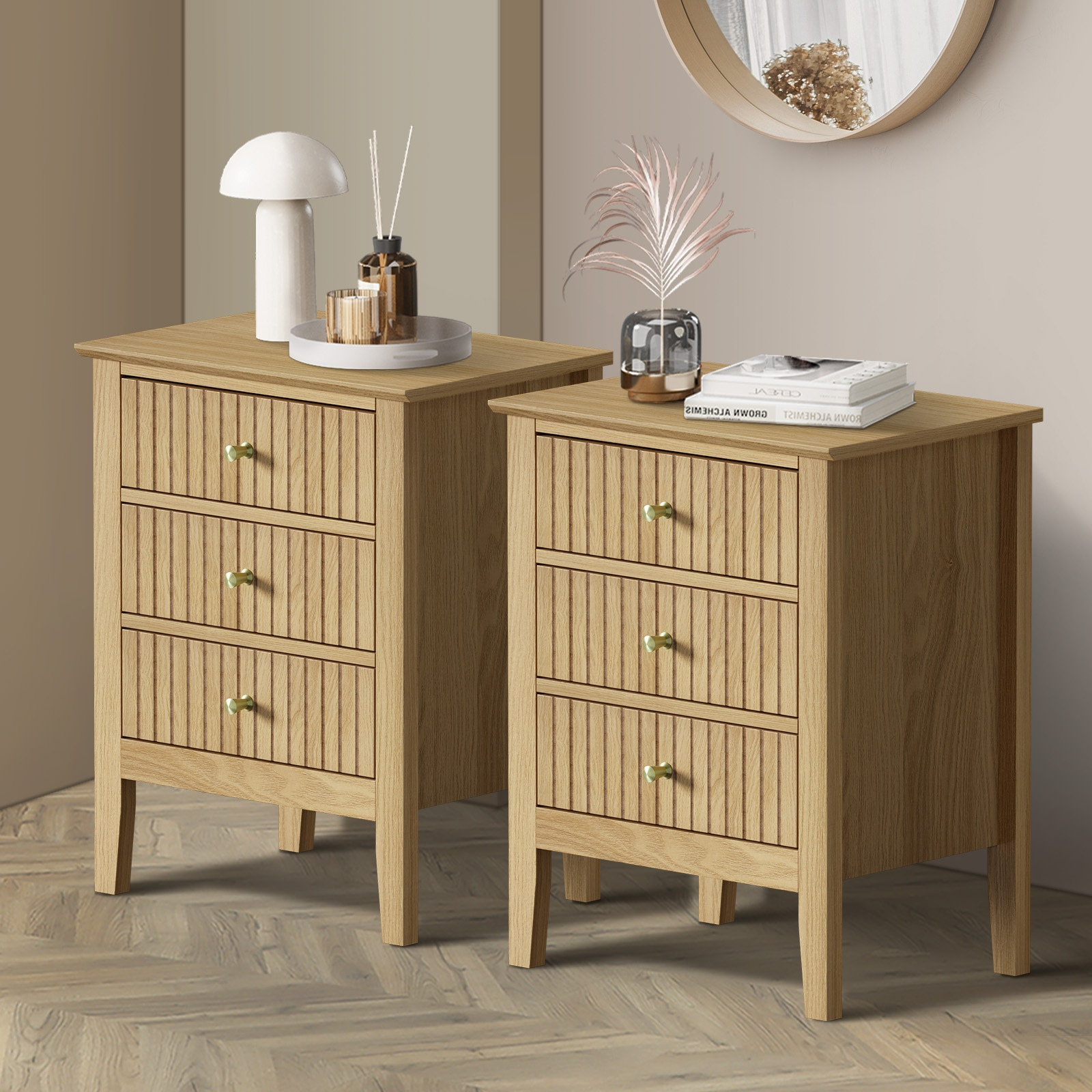 TEMU Set Of 2 Modern Minimalist Bedside Tables/nightstands With 3-drawer Storage - Natural Wood, Knobs, -like Particle Board & Mdf, Low-profile