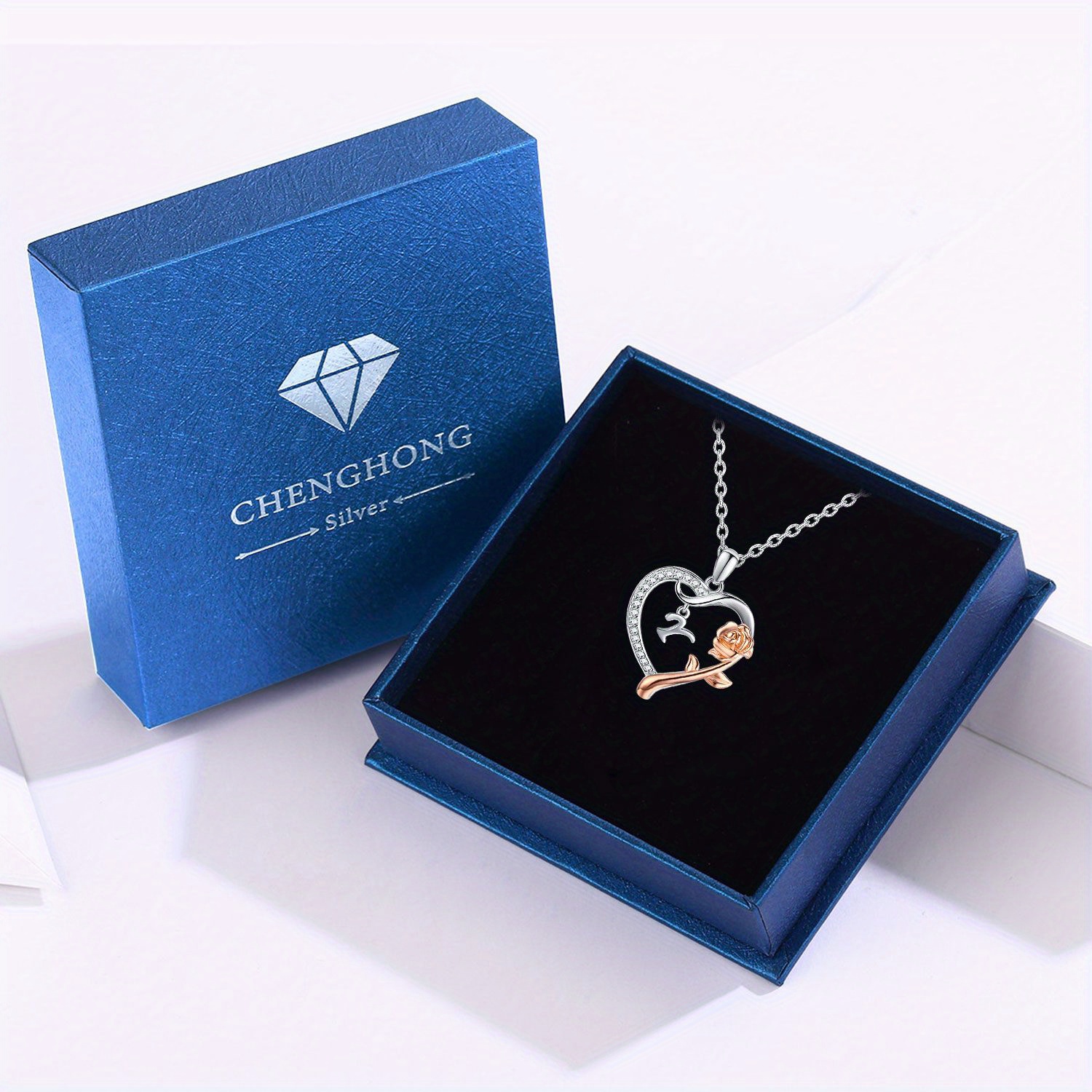 Initial Necklace Sterling Silver Roseflower Heart Letter Pendant
