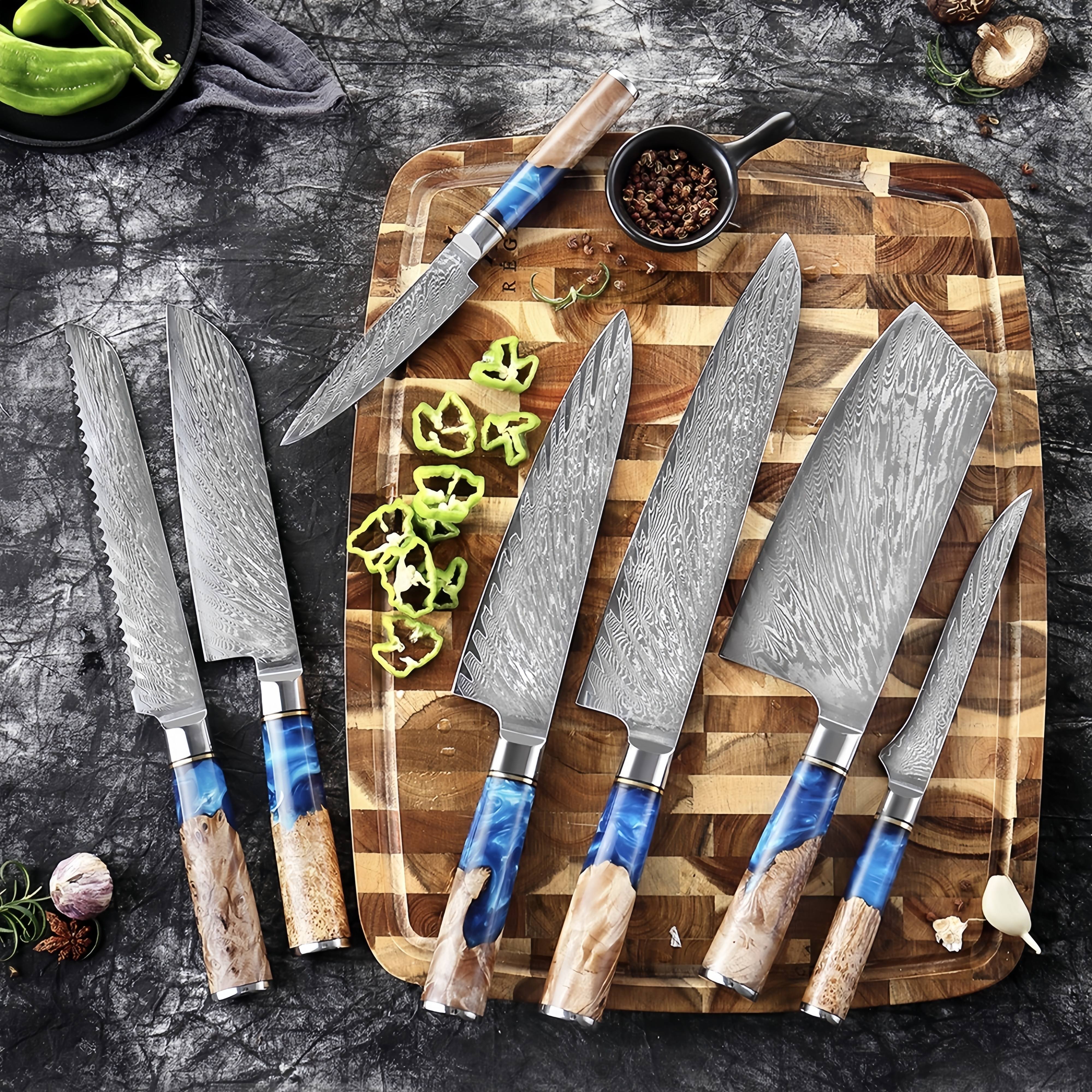 15Pcs/Set Kitchen Knives with Block Damascus Steel Professional Utility  Knife US