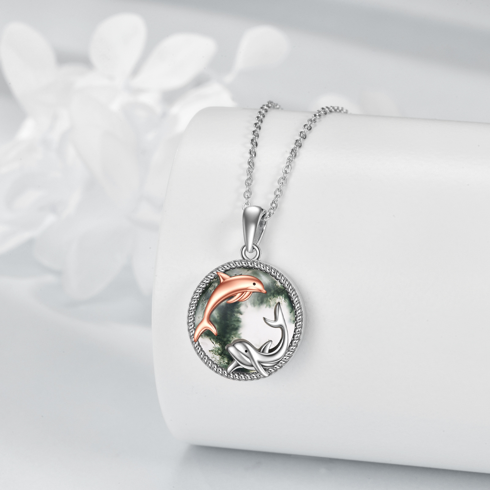 Women's Sterling Silver Dolphin Moss Agate Pendant Necklace