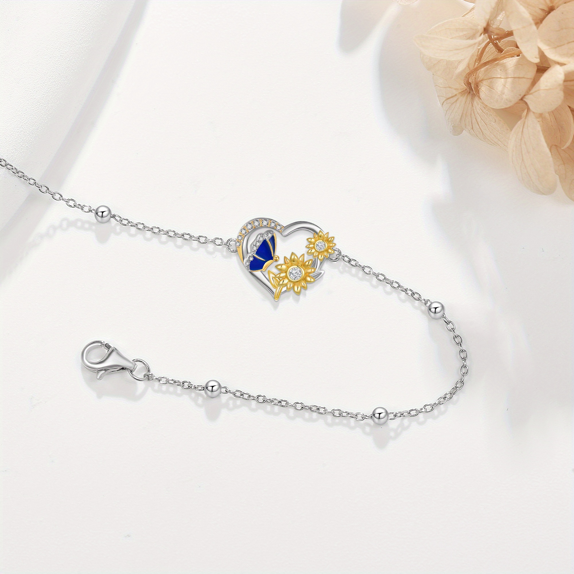 Sunflower Bracelet Silver Butterfly Heart Pendant