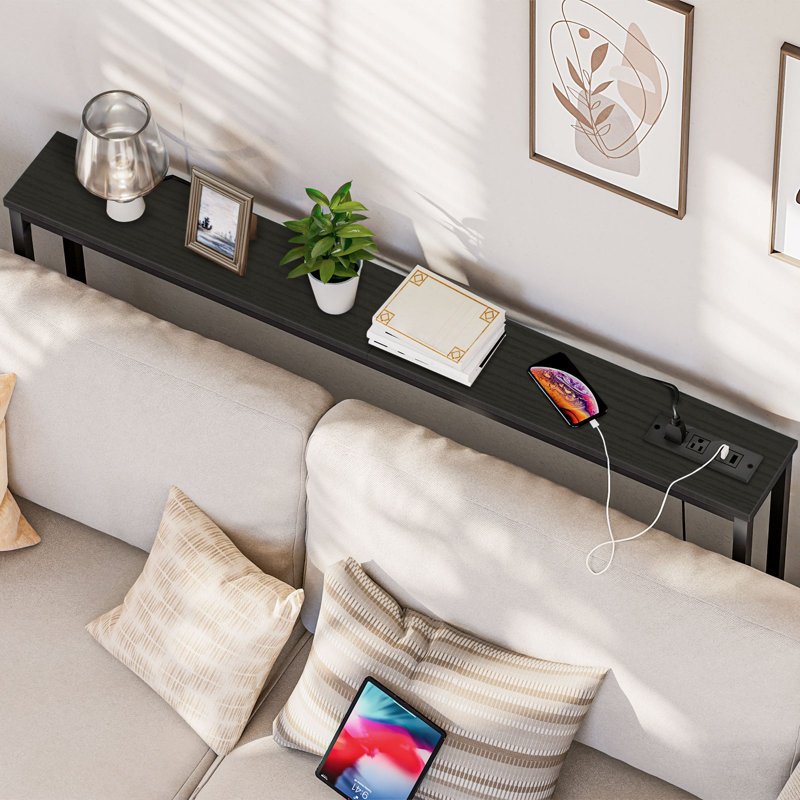 rustic brown     2 skinny console table with power outlets and usb ports table with charging station narrow sofa table behind couch table for entryway hallway foyer 9