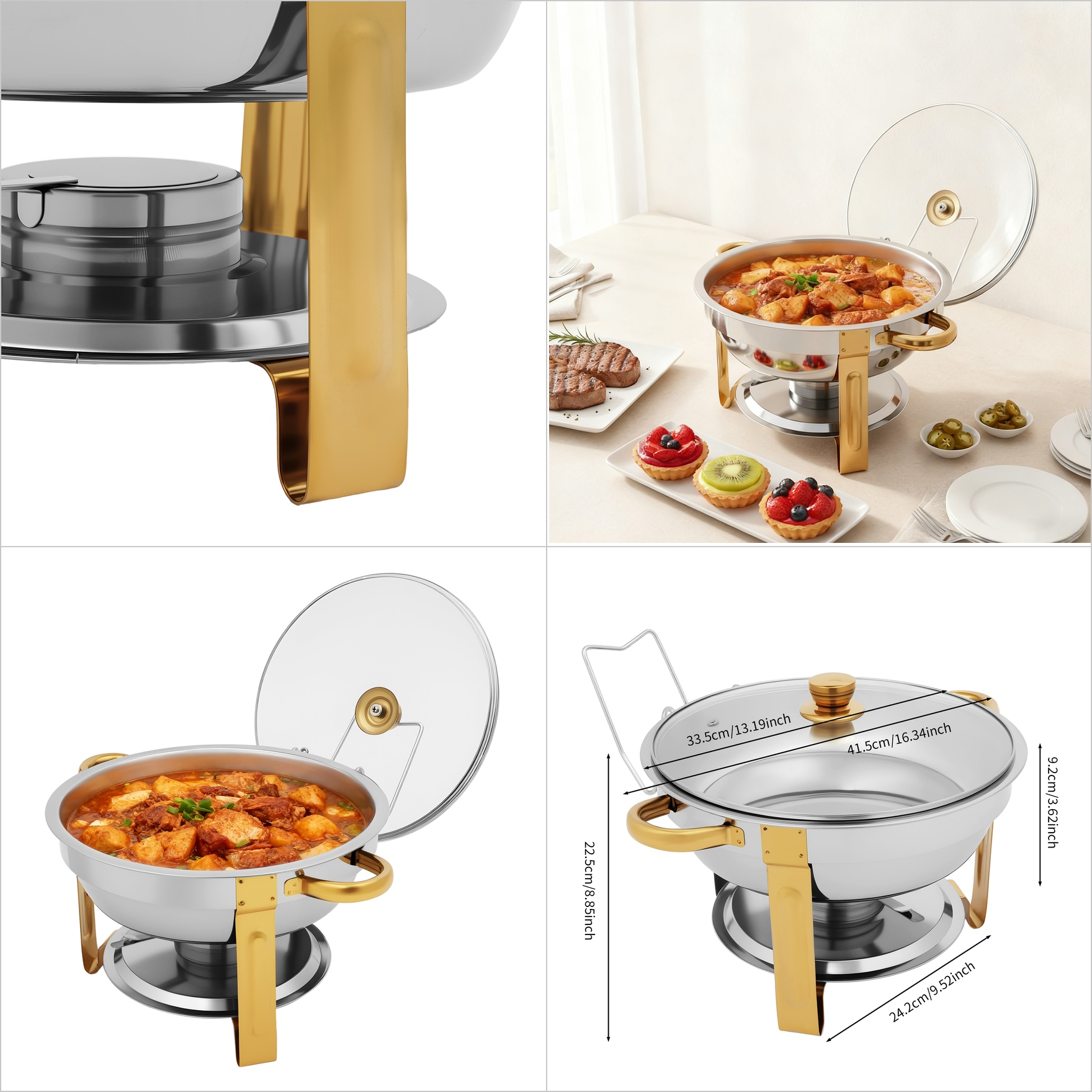 Image of 5l Golden Round Camping Stove With Glass Lid & Hanging Hook, Portable Alcohol Heater For Travel, Chafing Dish, High-quality, Silvery And Golden, 201 Stainless Steel, Cooking