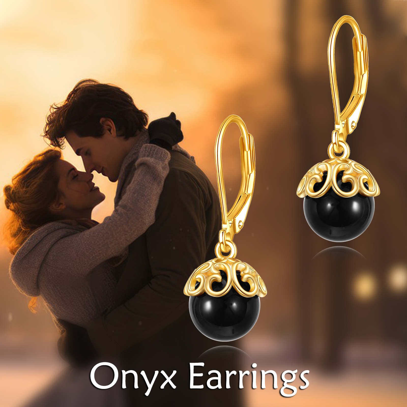 Women's Filigree Black Onyx Stone Drop Dangle Earrings, Elegant Style