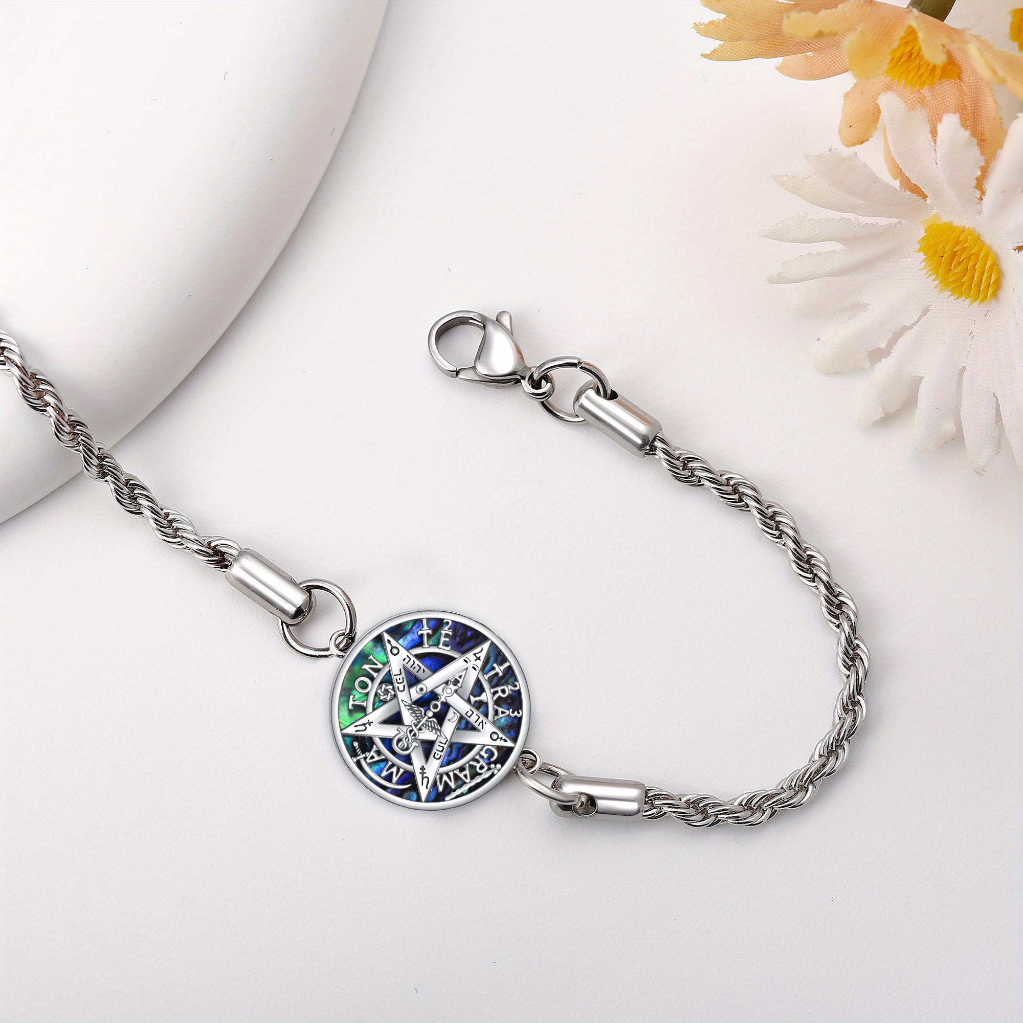 Sterling Silver Pentagram Abalone Shell Bar Bracelet