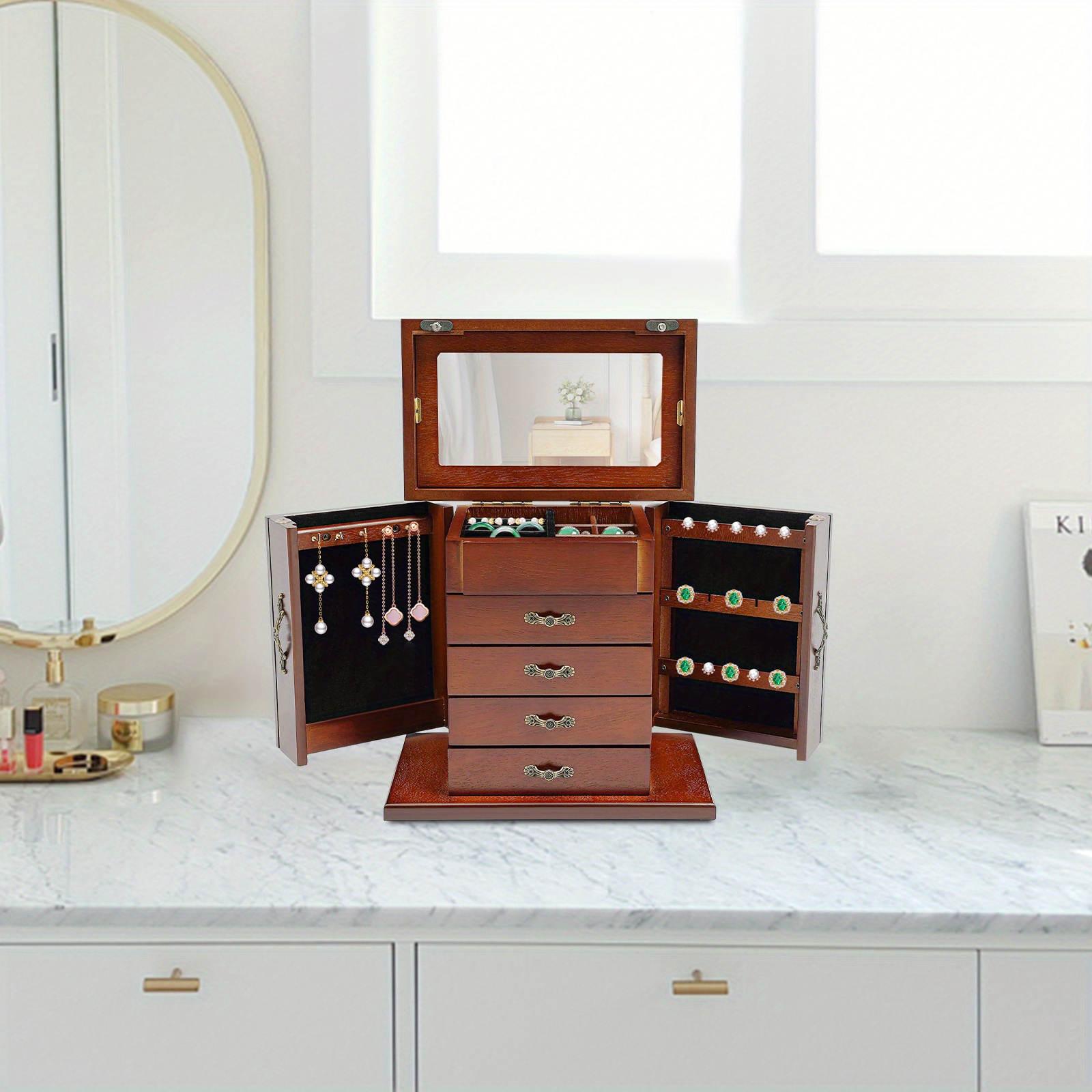 4 Solid Wood Jewelry Storage Box, Ideal Gift, Easy To Clean, Wood, Brown, Jewelry Boxes