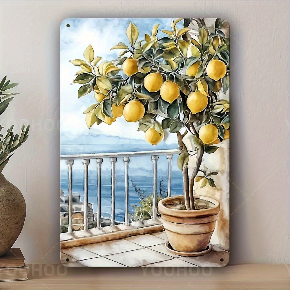 Image of 2d Flat - 1pc Of Vintage Aluminum Sign Featuring A Lemon Tree A Balcony, Measuring 20.32x30.48cm - Wall Art With Coastal Scenery, Perfect For Decorating Kitchens Or Gardens, Easy To Hang