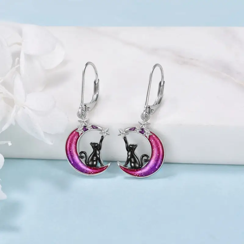 colorful moon cat earrings 925 sterling   cat moon leverback dangle earrings Product details 0