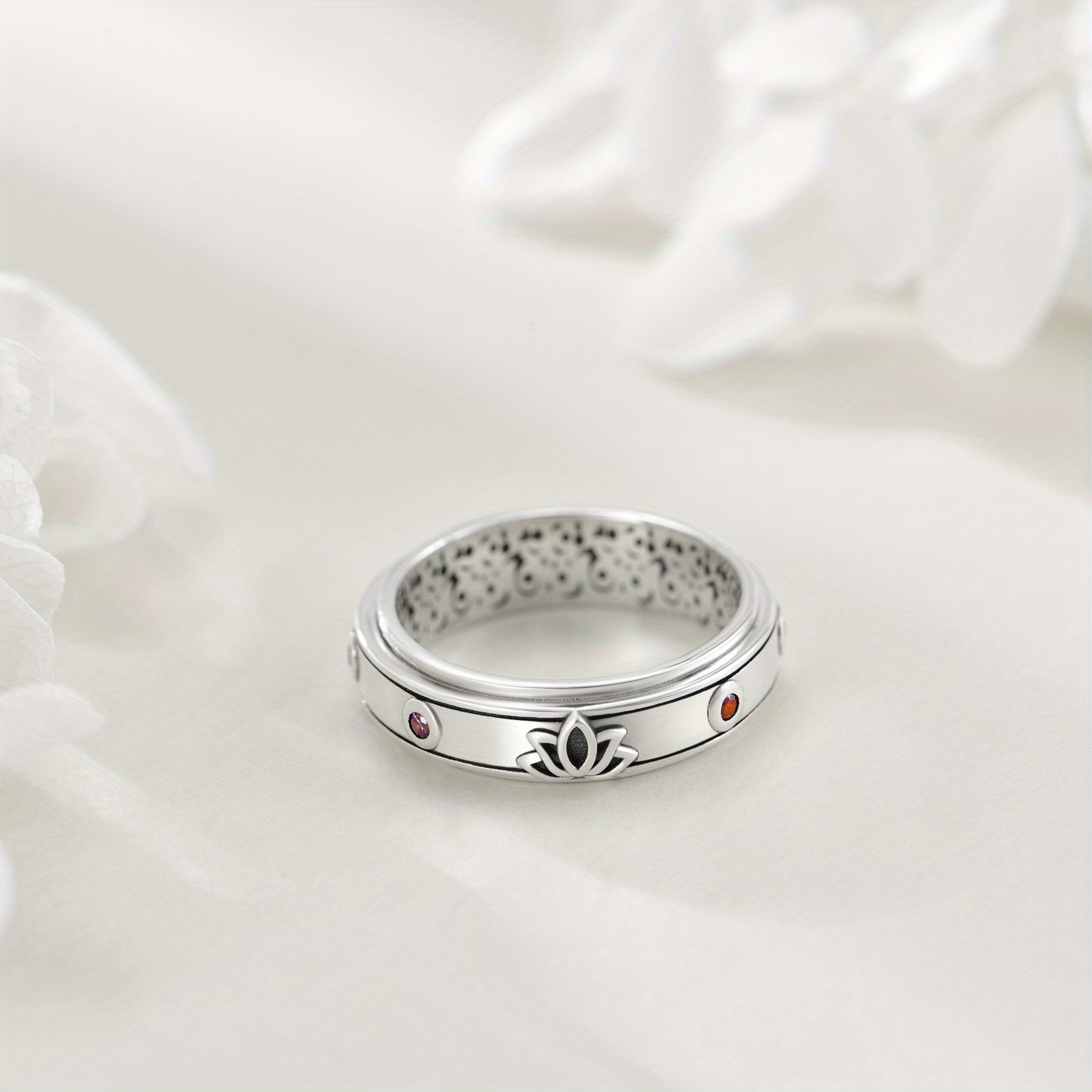 Fidget Ring 925 Sterling Silver Lotus Chakra Spinner Ring