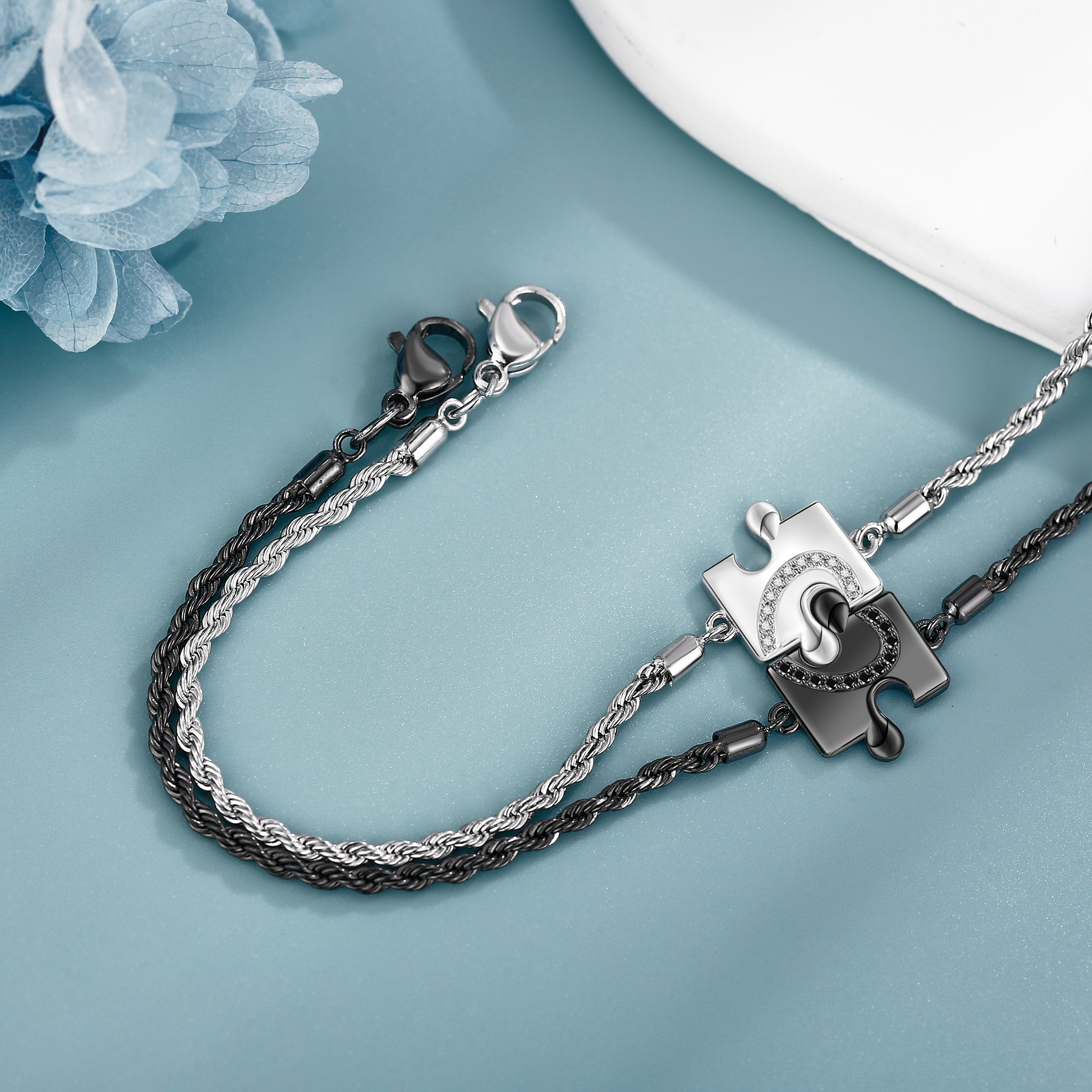Couples Matching 925 Sterling Silver Puzzle Bracelets