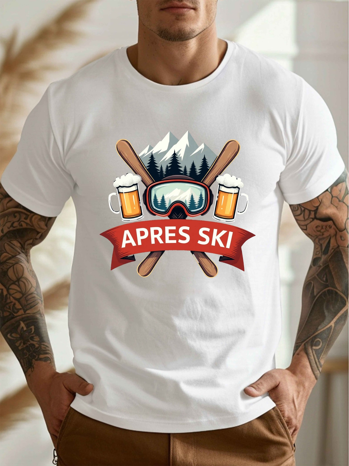 Tricou Bărbați pentru Schi și Après-Ski - Alb cu Imprimat Roșu de Ski, Croială Largă Gât Rotund Mânecă scurtă, Țesut Ușor Pentru Vară și Iarnă Casual la Piese ApreSchi – Tricou Confortabil Respirant Design Telecabină Literatură Apré-ski – Fit Relaxed Vreme Caldă Spalare Manual sau Curățire Chimie, Ținute Tematic Skii Ochelari De Protecție Barbati Treninguri Zime