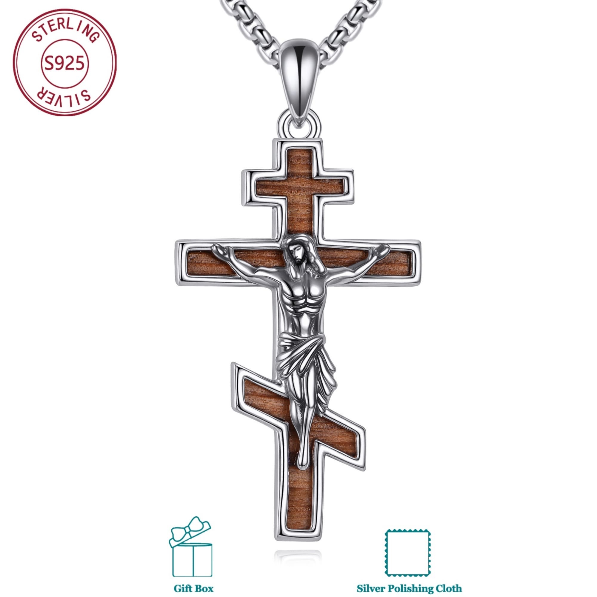 Image of 925 Sterling Silvery Wooden Orthodox Cross Necklace For Daily Wear, Birthday Gift, Christmas Gift, For Family &