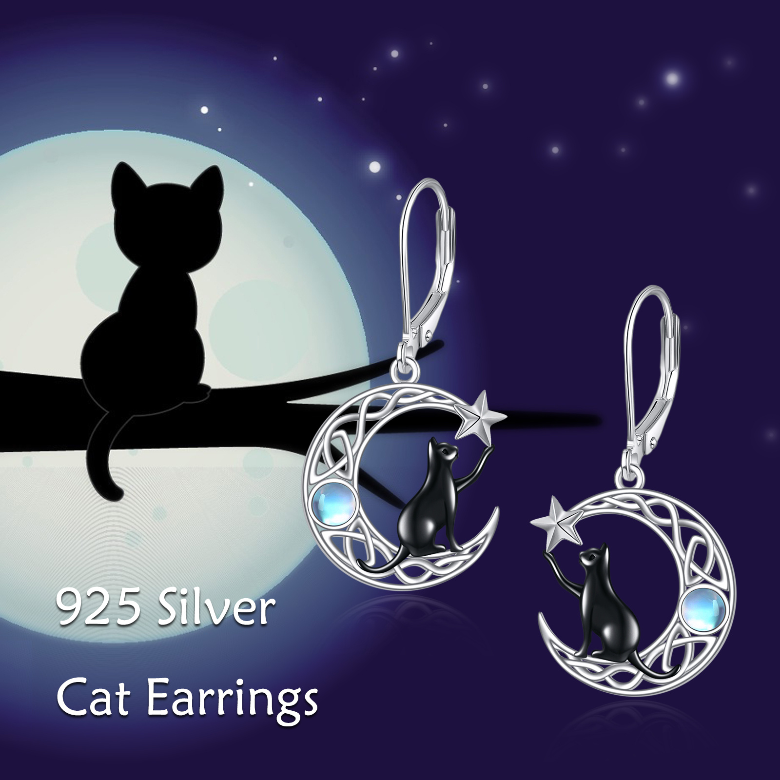 Women's 925 Sterling Silver Celtic Moon Cat Leverback Earrings with Moonstone
