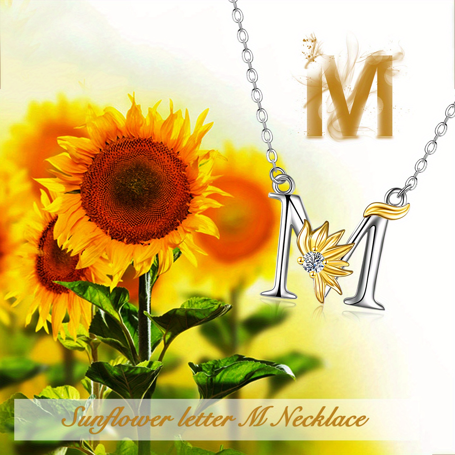 Sterling Silver Initial M Pendant Sunflower Necklace for Women