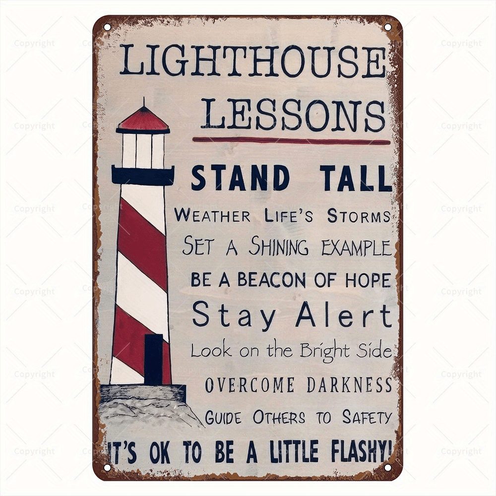 TEMU 2d Flat, 2d Flat 1pc Coastal-inspired Vintage Lighthouse Lesson Sign - Weatherproof Metal Wall Art With Pre-drilled Holes - Ideal For Home,