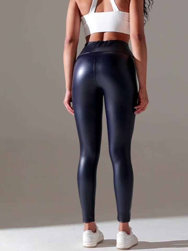 Faux PU Leather Sports Fleece Leggings, Fashion Stretchy High Waisted Warm  Leather Tight Pants, Women's Activewear