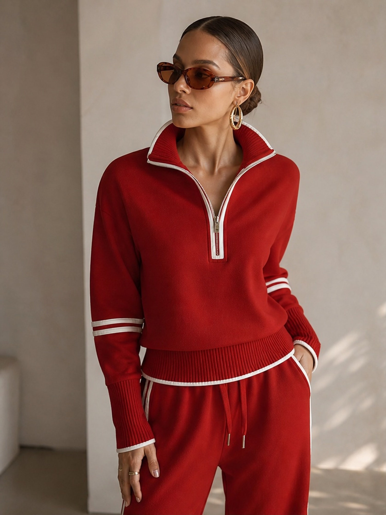item picture womens 2pcs sweatsuit half zip stand collar pullover and wide leg sweatpants set contrast striped tracksuit athleisure womens fall clothes winter clothes for women